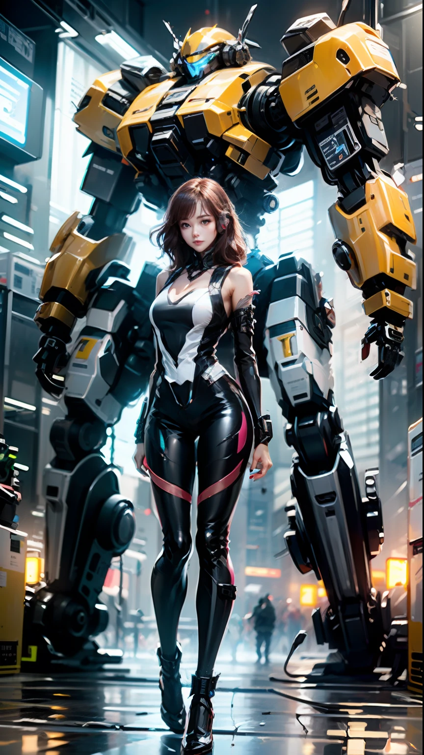 A mecha girl, flowing long hair, full body photo, looking at the camera, lying next to the tall robot, with wires plugged in the body to charge, relying on energy batteries to maintain life, there are energy light points flowing in the blood vessels on the body, 20 years old, wearing headphones to listen to music to sleep, sexy sleeping posture, seductive pose, dynamic pose, dynamic lens, alloy cuirass, sexy crystal high heels, a lot of wires wrapped around her body, binding, she wears sexy lace mecha trousers, wearing pink up lace pajamas, brown hair, semi-mechanical legs, Sexy mecha suit, latex full-body tights, black silk, and neatly placed sexy women's clothes next to it, huge power generation batteries are glowing, electric lightning, in the scientific research laboratory,