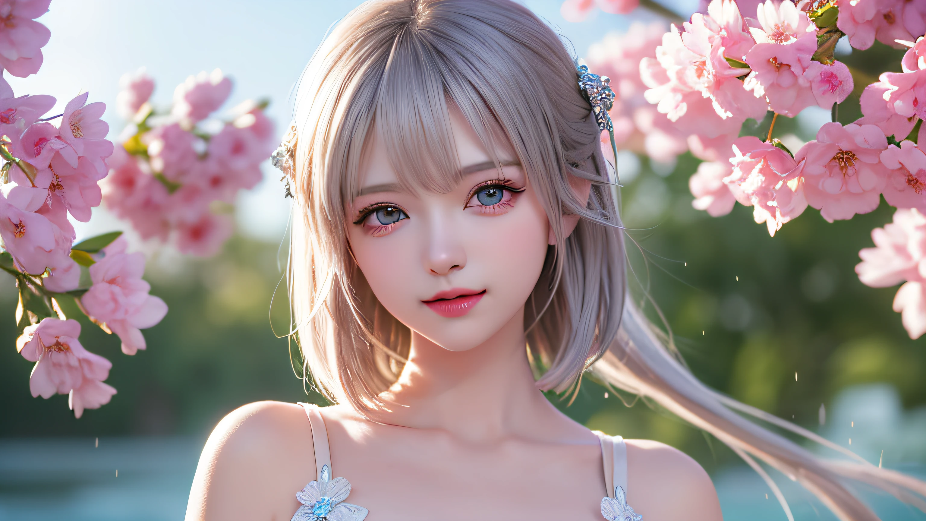 8k, RAW photos: 1.2), highest quality, ultra high resolution, (pink petals fluttering), (illustration), (1 girl))), (short hair, bob), (transparent white sheer sleeveless dress, mini skirt)), (silver hair, blue eyes) beautiful face, (bright lip gloss, long eyelashes, smooth) face, bright skin, natural shadows, wide light, depth of fieldStrong color, subtle caustics: 0.8), smile, (big), (rain: 0.9), Hanazono behind the girl, (focus), (standing on the surface of the water)), (color splash), colorful splash, ((colorful))), (sketch: 0.8), masterpiece, best quality, beautifully painted, highly detailed, (denoise: 0.6), splash ink, (((ink refraction)), ( (Masterpiece, Best Quality, Highly Detailed), Highly Detailed, (Masterpiece, Best Quality, Highly Detailed) CG Unity 8k Wallpaper, Masterpiece, Best Quality, Ultra Detailed, (Lycoris radiata)