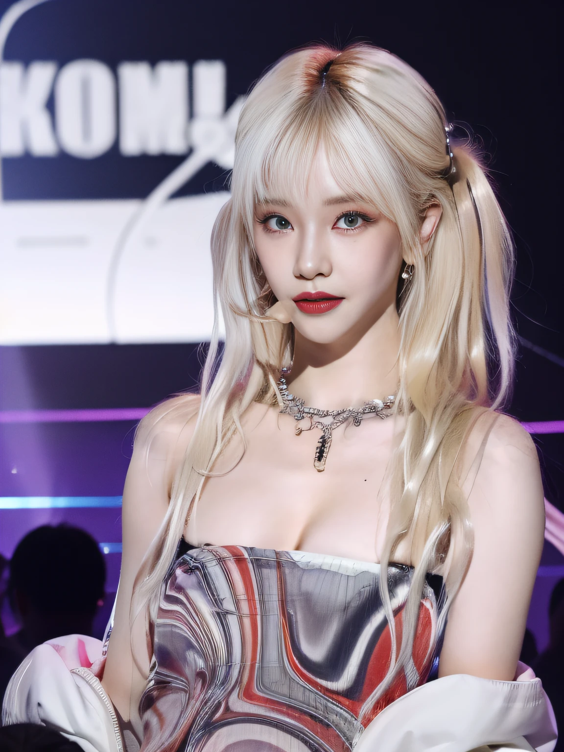 (8K, 4K, Best Quality, Highres, Ultra High Res:1.1), (Masterpiece, Realistic, Photo-Realistic:1.1), 1girl, Face, Close-Up, Twintails, Blonde Hair, Black Eyes, Red Lips, (Looking in Audience: 2), Wearing a babes slip dress, lace, cleavage, split ends, bare shoulders, ridiculously long hair, long eyelashes, eye shadow, small face, big eyes, bare shoulders, high contrast,