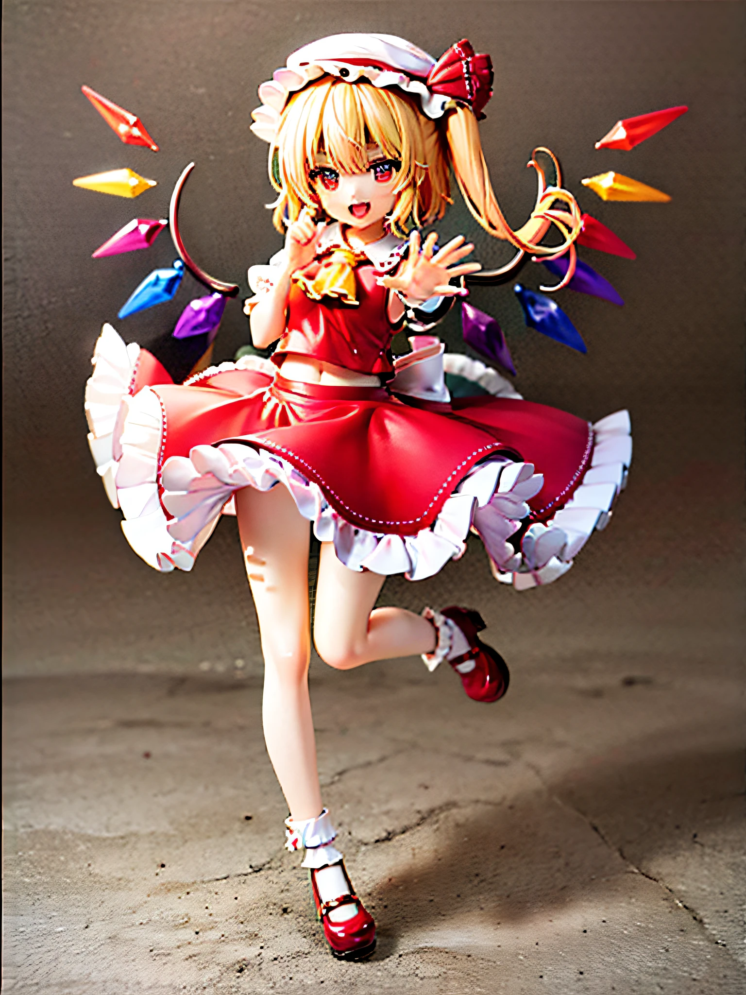 best quality, ultra high res, 1girl, solo, flandre scarlet, white soft hat, red hat bow, blonde hair, side ponytail, red eyes, shiny eyes, fang, red vest, short sleeves, puffy sleeves, yellow ascot, red frilled skirt, (crystal wings:1.2), bobby socks, mary janes, red shoes, laughing, ((evil smile)), looking at viewer, facing front, full body,