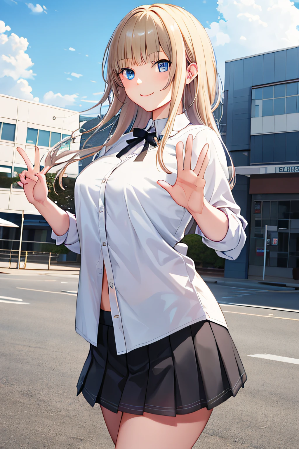 masterpiece, best quality, high resolution, KR1, blue eyes, smile,bangs, white shirt, black skirt, standing with open hands, pleated skirt, socks, small tits, blonde, cowboy shot,