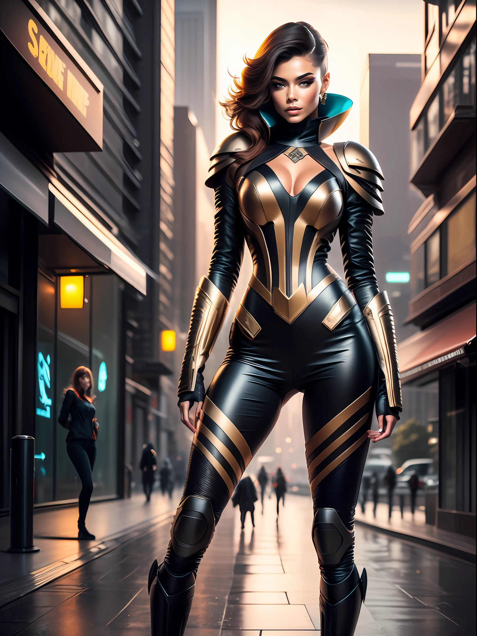 A girl in exoskeleton armor with unusual geometry and a beautiful curly neckline on her chest, against the backdrop of the gloomy deserted streets of the city of the future