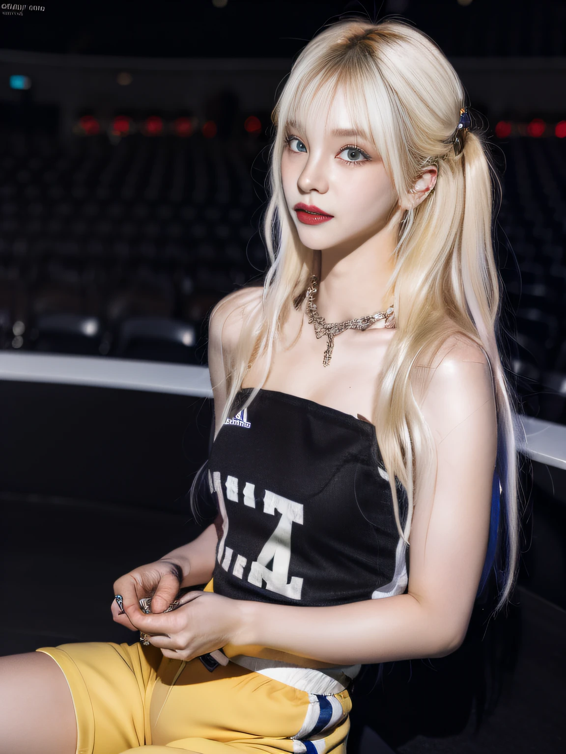 (8K, 4K, Best Quality, Highres, Ultra High Res:1.1), (Masterpiece, Realistic, Photo-Realistic:1.1), 1girl, Face, Close-Up, Twintails, Blonde Hair, Black Eyes, Red Lips, (Looking in Audience: 2), Wearing a trendy football uniform, bare waist, football shorts, ridiculously long hair, long eyelashes, eye shadow, small face, big eyes, bare shoulders, high contrast,