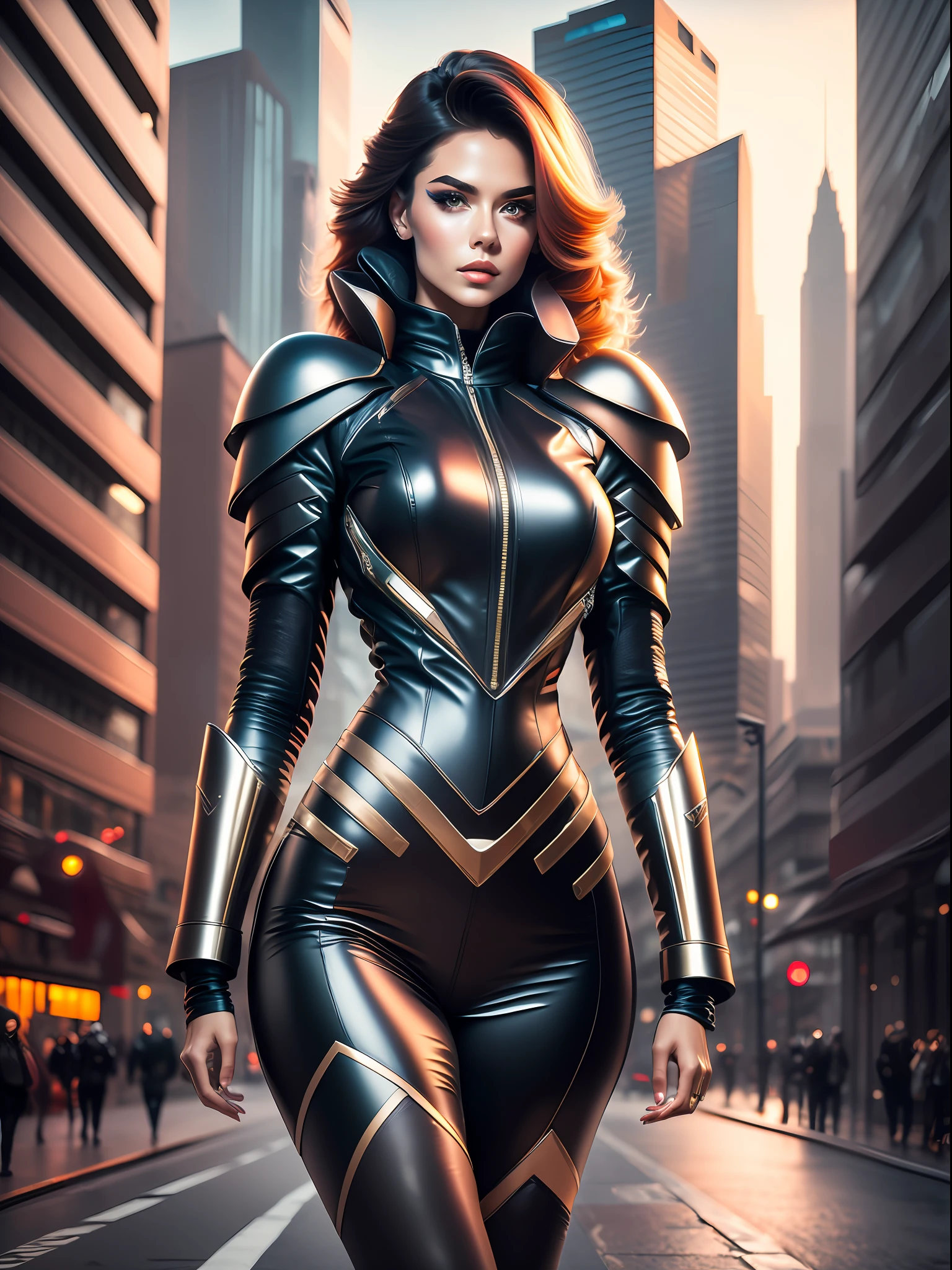 A girl in exoskeleton cyber armor with unusual geometry and a beautiful curly neckline on her chest, against the backdrop of the gloomy deserted streets of the city of the future