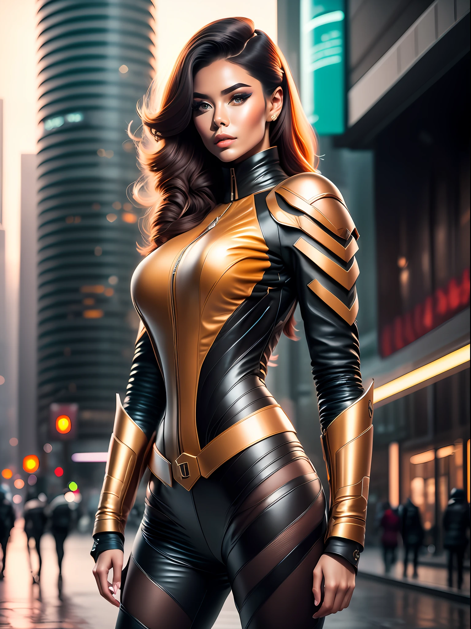 A girl in exoskeleton cyber armor with unusual geometry and a beautiful curly neckline on her chest, against the backdrop of the gloomy deserted streets of the city of the future
