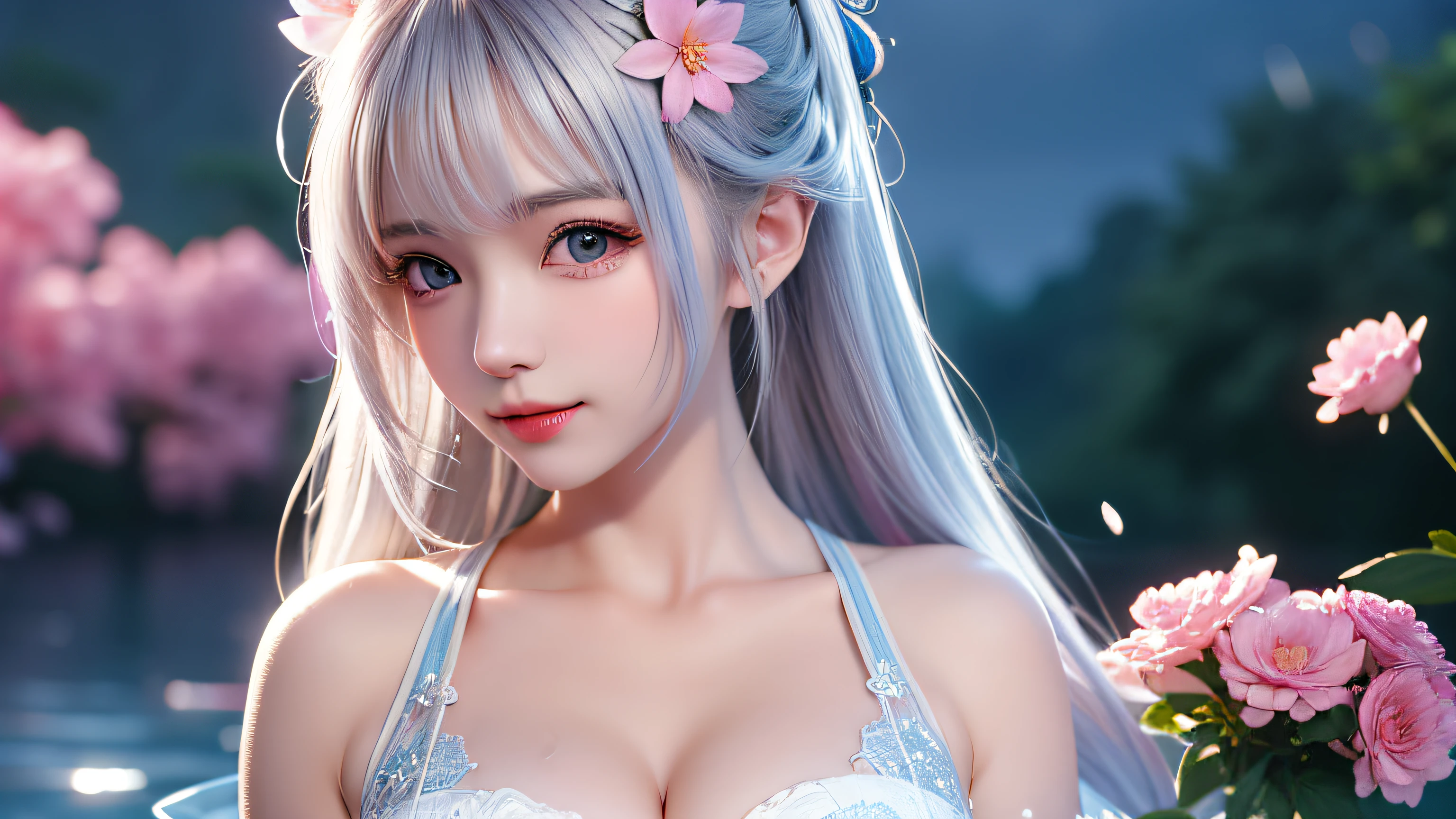 (8k, RAW photo: 1.2), highest quality, ultra high resolution, ((cleavage coordination from head to bottom of chest)), dramatic angle, (pink petals flutter), (illustration), ((1 girl)))), (long hair), (transparent white sheer sleeveless dress, mini skirt)), beautiful face (silver hair, blue eyes), (bright lip gloss, long eyelashes), Smooth) face, bright skin, natural shadows, wide light, wide light, depth of field, strong colors, subtle caustics: 0.8), smile, (big), (rain: 0.9), behind the girl is Hanazono, (focus), ((standing on the surface of the water)), (color splash), colorful splash, ((colorful))), (sketch: 0.8), masterpiece, best quality, beautifully painted, highly detailed, ( Denoise: 0.6), [Splash Ink], ((Ink Refraction)), (Beautiful Detailed Sky), Highly Detailed, (Masterpiece, Best Quality, Very Detailed) CG Unity 8k Wallpaper, Masterpiece, Best Quality, Ultra Detail), (Lycoris radiata)