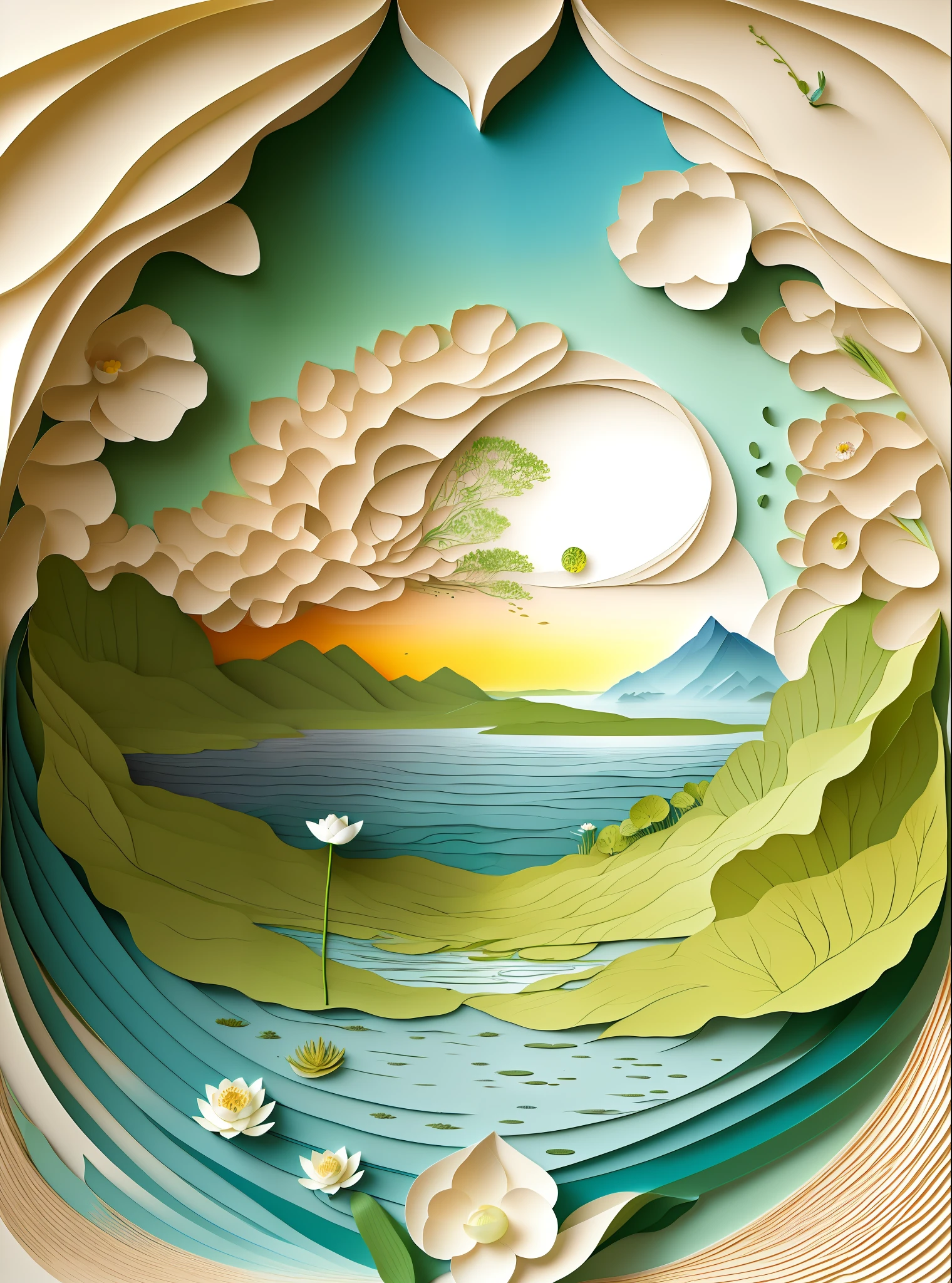 Natural and organic depictions of vast landscapes, distant mountains and near waters, lotus blooming, featuring earth tones and botanical motifs, drawing on connections with nature and the environment, influenced by botanical illustrations or environmental art, created by artists such as Georgia O'Keeffe or Christo and Jeanne-Claude