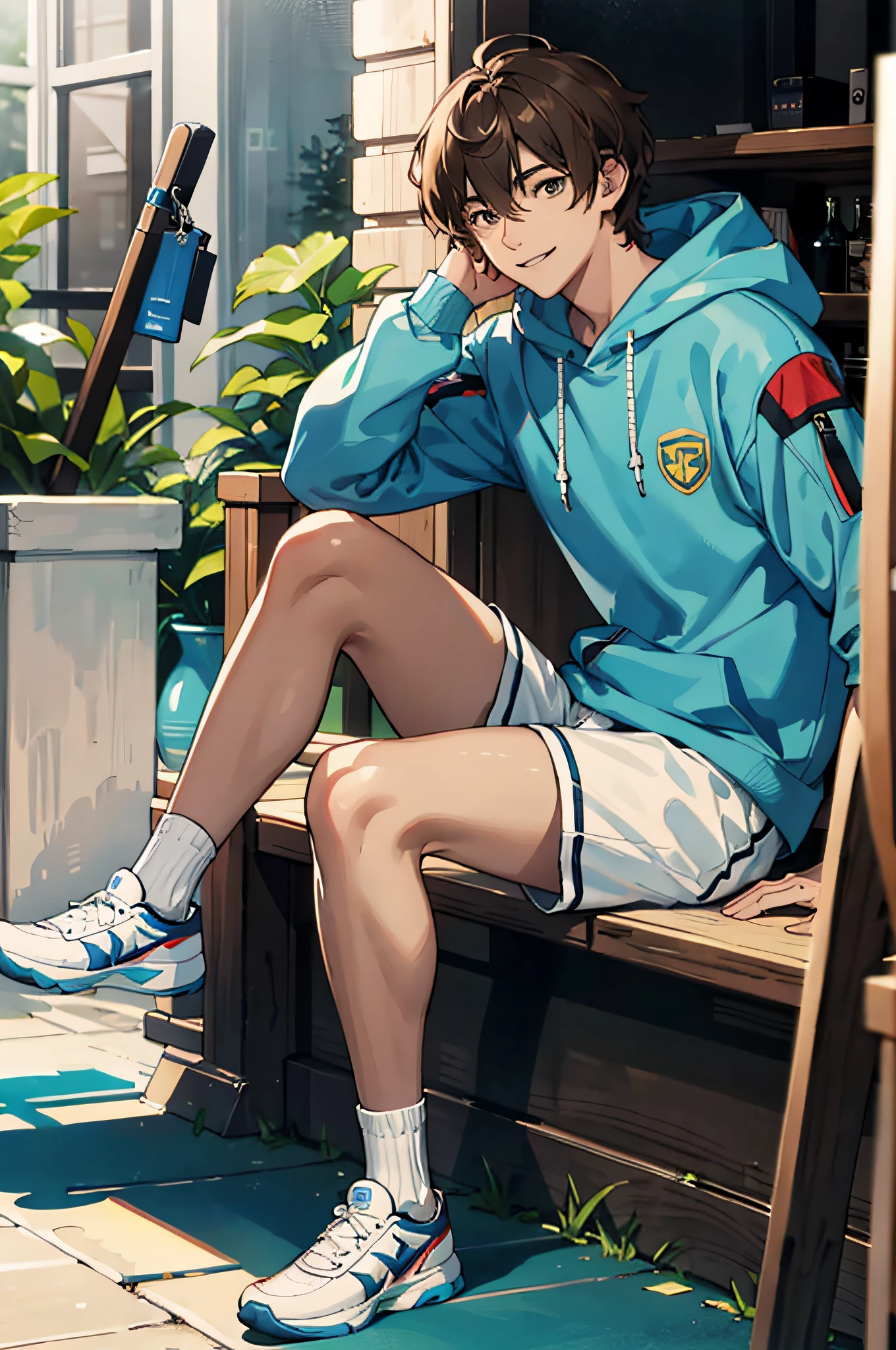 Masterpiece, solo, best quality, 1 male, young adult, tall muscles, handsome, delicate eyes, intricate details, casual clothes, oversized hood, shorts, tennis shoes, white stockings, messy brown hair, medium length hair, intricate patterns, best light and shadows, background inside the house, sitting, dappled sunlight, daytime, depth of field, plants, summer, colorful, art, depth of field, smile, closed mouth