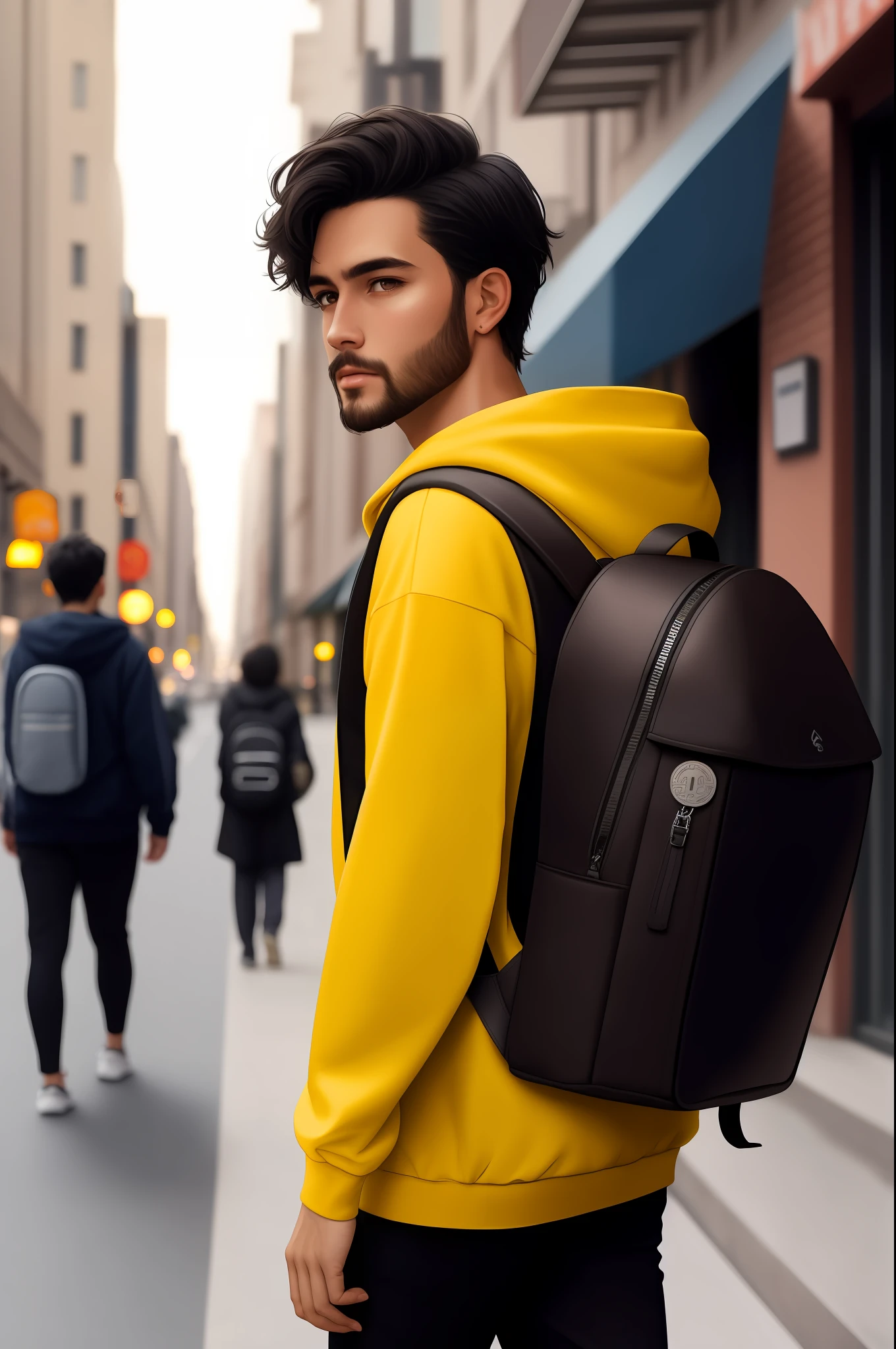 Character boy, young, western features, short black hair, Star Wars style, black sweatshirt and black pants, rounded face, brown eyes, walking in the city, traffic on the street, pedestrians on the sidewalk, morning, Star Wars esteem clothes, ultra realistic, (super quality) (((4K))), super detailed skin, super detailed eyes, super detailed mouth, brown skin, with a backpack on the back, black hooded sweatshirt,  27 years, short beard, medium height, western features, short short hair, texture of clothing fabric, ((best skin quality)) skin pore details, short curly hair, backpack texture