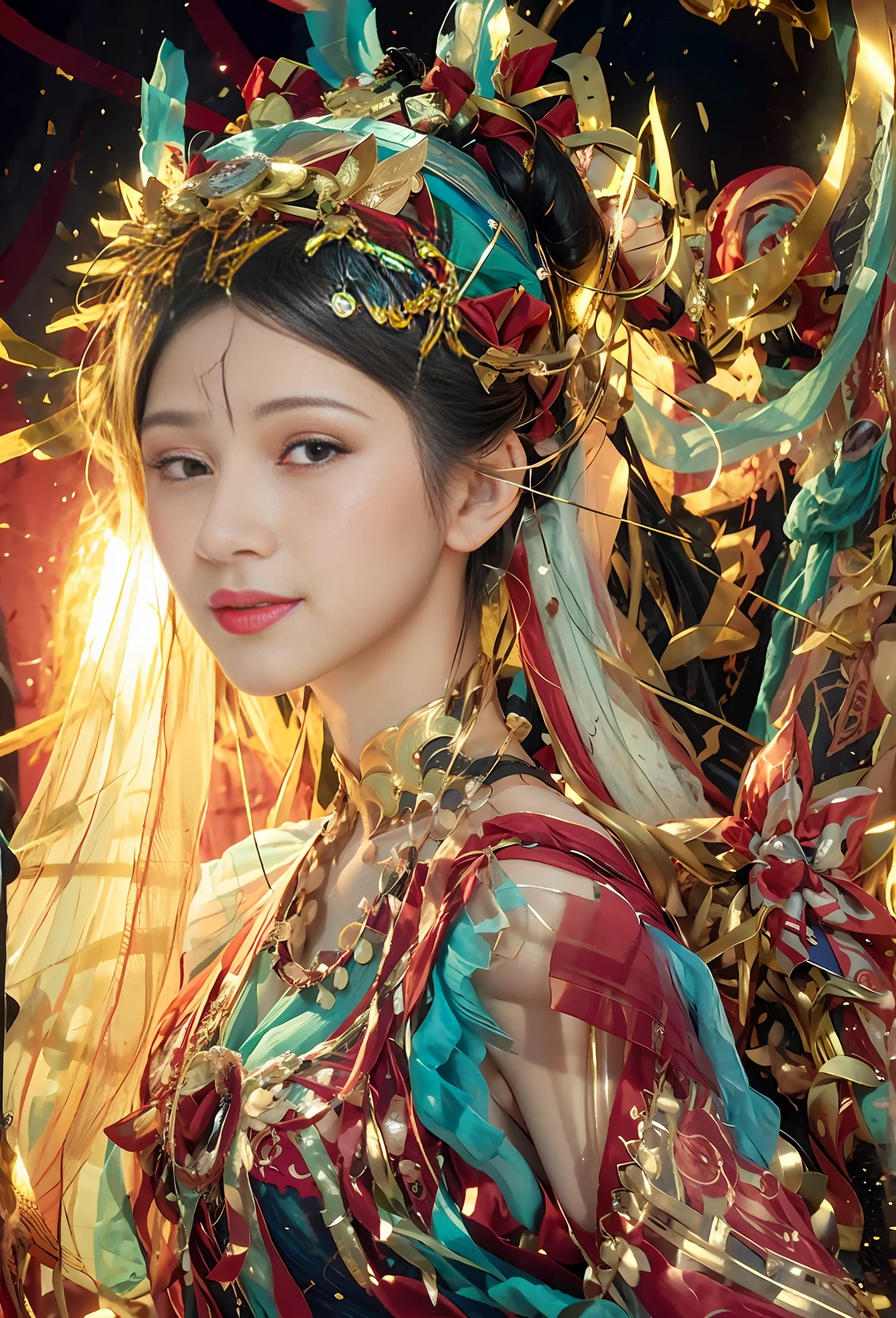 (Full body photo) (face with fabric (transparent)) (veil (black gold rimmed)) Dunhuang style, black gold-rimmed veil blocking the delicate face, high nose bridge, crimson lips look particularly charming, (dancing) (smiling) DUNHUANG _ CLOTHS 
 DUNHUANG _ STYLE 
 DUNHUANG _ BACKGROUND 
 DUNHUANG DRESS (long legs with fair skin)
