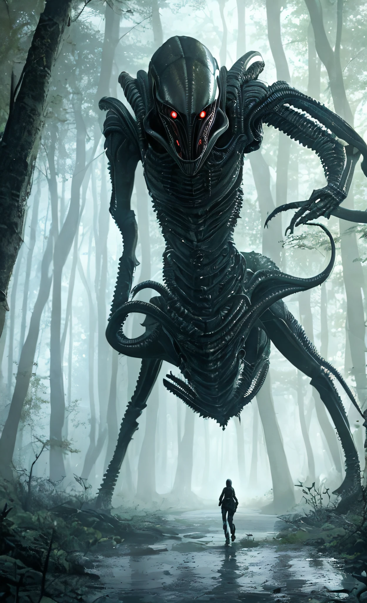 alien monster in the woods with a woman walking towards it, xenomorphic, xenomorph, large xenomorph approaching, xenomorph octopus in a swamp, sci - fi horror art, black glossy xenomorph, sci-fi horror artwork, giger ’ s xenomorph, xenomorph alien, dark sci-fi art