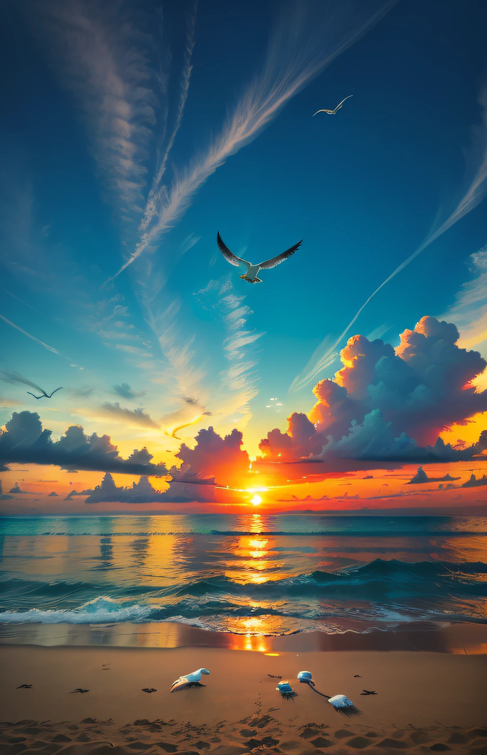An absolutely mesmerizing sunset over the beach, with a blend of oranges, pinks, and yellows filling the sky. Crystal-clear waters of the sea gently kissing the shore, with sandy white beach stretching far and wide. The scene is dynamic and breathtaking, with seagulls soaring high in the sky and gently swaying palm trees. Take in the calming atmosphere and let the peacefulness wash over you.