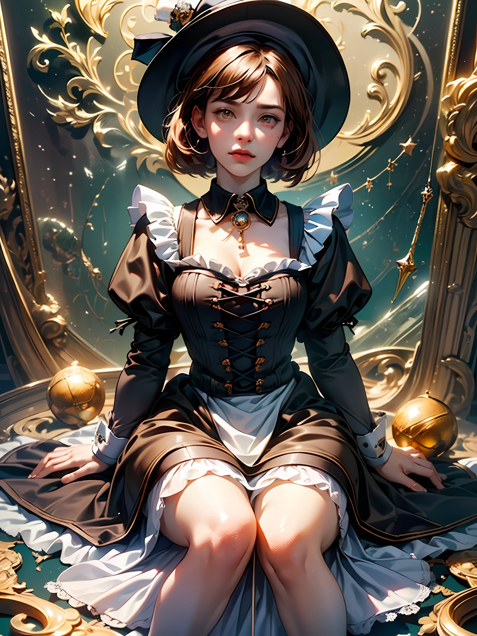 (1girl, solo:1.3),19 years old,(wizard hat, magic wand:1.1), beautiful face, sad, (victorian maid outfit, wizard hat, slave collar:1.3), (transcendent spirits:1.2), (fantasy background:1.3),messy hair, bob cut, (brown hair:1.3), (vibrant yellow eyes:1.2),(fine facial features), white warm illumination, realistic anime artstyle, (full body shot:1.3), thin