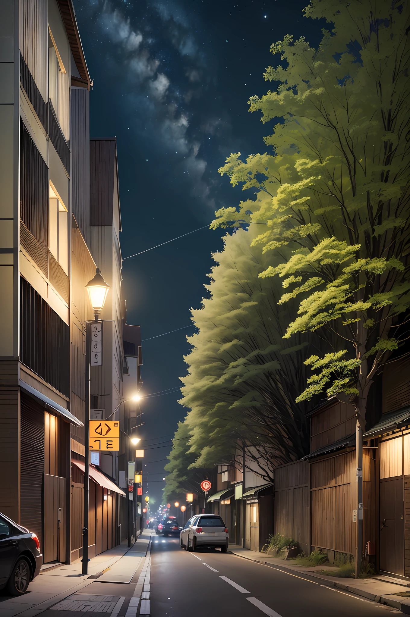 (Masterpiece, Best Quality: 1.4), Night Light, Dark, Japan Intersection Sign, Japan Street, Trees, Green, ((Night Light: 1.5)), (Night Light: 1.3), Plants, Narrow Road, (((Street Light: 1.2)) --auto