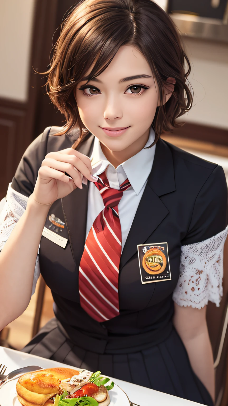 (8K), (Best Quality: 1.2), (Realistic), (Photorealistic: 1.35), ((Dignified Expression))), Ultra High Definition, 1 Girl, Cute, Smile, Closed Mouth, Beautiful in Detail, Beautiful Nose, Short Cut, Colossal, School Uniform, Shiny Thighs, Fleshy, Kitchen, Breakfast, Bread, Orange Juice, Fried Egg, Coffee, Fruit, Sitting at the dining table