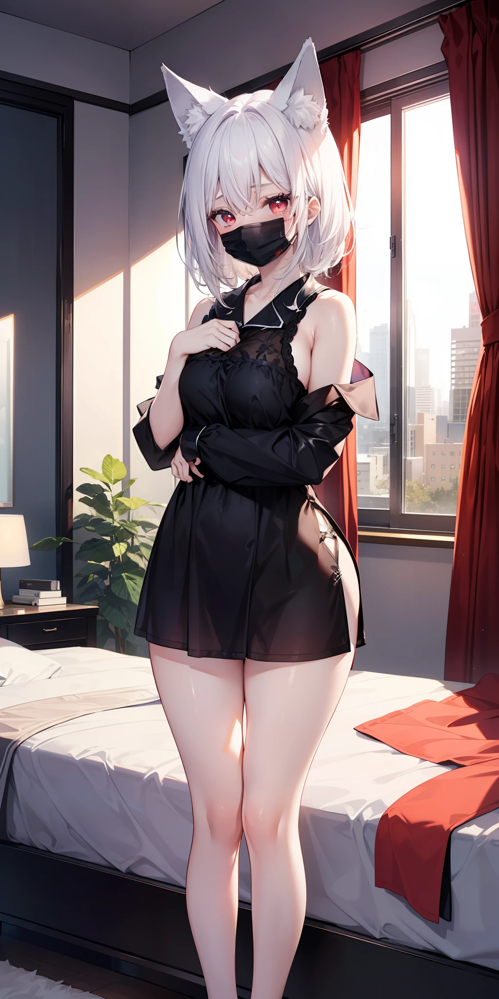 ((masterpiece)), ((best quality)), girl, ((beautiful body)), pale skin, ((red eyes)), eyebrow, ((fox ear)), ((mouth mask) ), giant hair, ((white hair)), ((black hair)), ((hairlight effect)), ((sexy sleepwear)), (arms), thin waist, ((thick legs) ), ((big thigh)), ((background scenery)), ((modern bedroom)), ((detail in bedroom)), (objects in bedroom), (bed), (window), ((beautiful day )), pov, ((viewer view)), ((want to hug)), ((blush)), lustful,