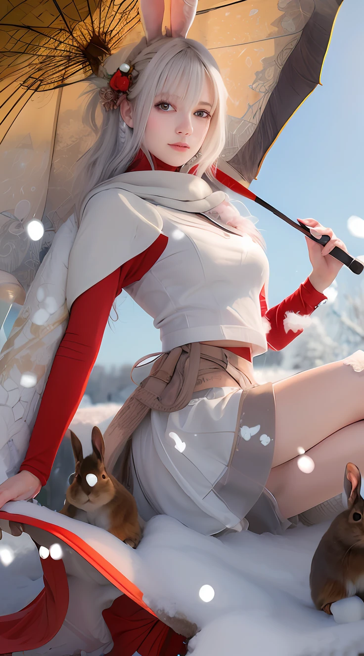 Girl sitting on snow-covered ground with rabbit ears and white dress, Guvez style artwork, Guvez, 4 K, textured skin, real person