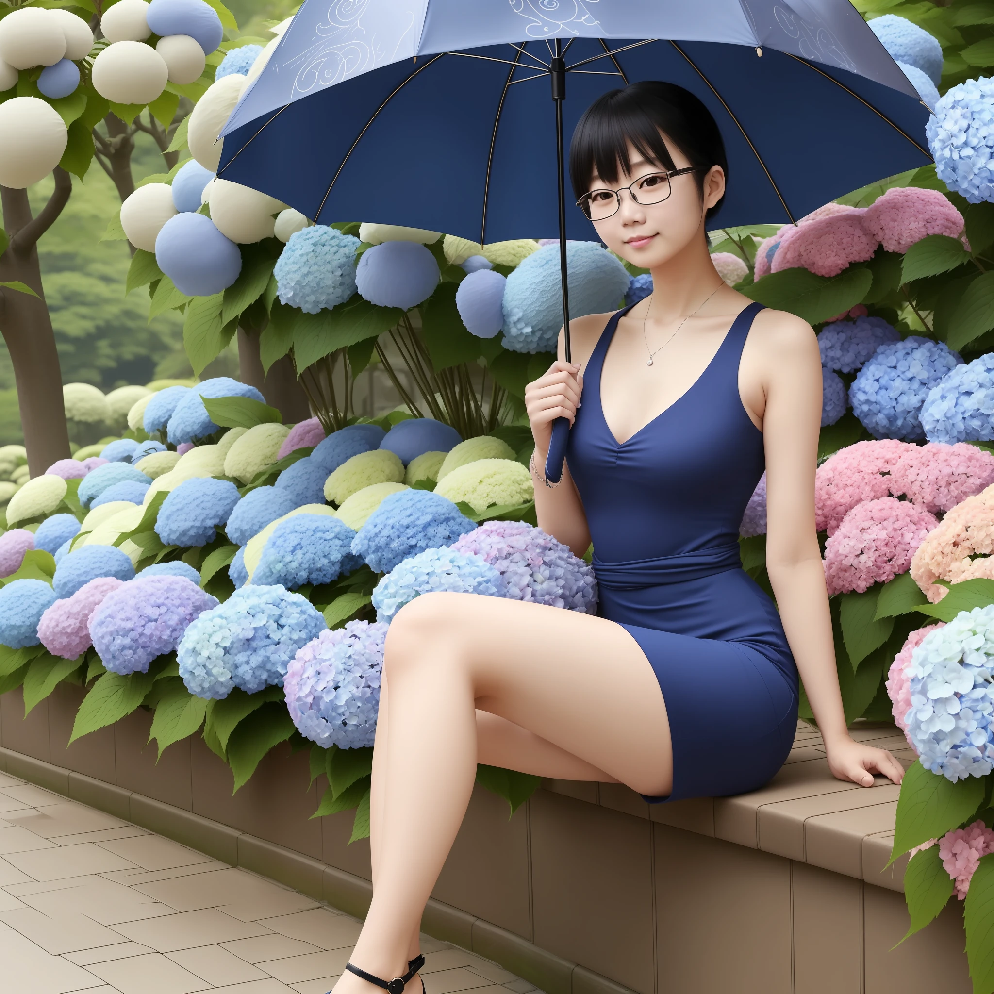 Japan person, glasses, 1 8 years old, female college student, sleeveless dress ((dark blue), (knee-length tight dress)), 1 sandal (Akiko Takase, Kazue Kato, , Aya Takano, Etsuko Miura, Chinko, Tsugumi Oba, Chiho, Rinko Kawaichi, Takeyuki Kanda), Height 158 cm, weight 53 kg, bust 83 cm (D cup), waist 61 cm, hips 86 cm, The character is naïve, black to the shoulders, bangs, Sweaty skin, woman holding an umbrella, solo, whole body, rainy weather, surrounded by colorful hydrangeas in full bloom