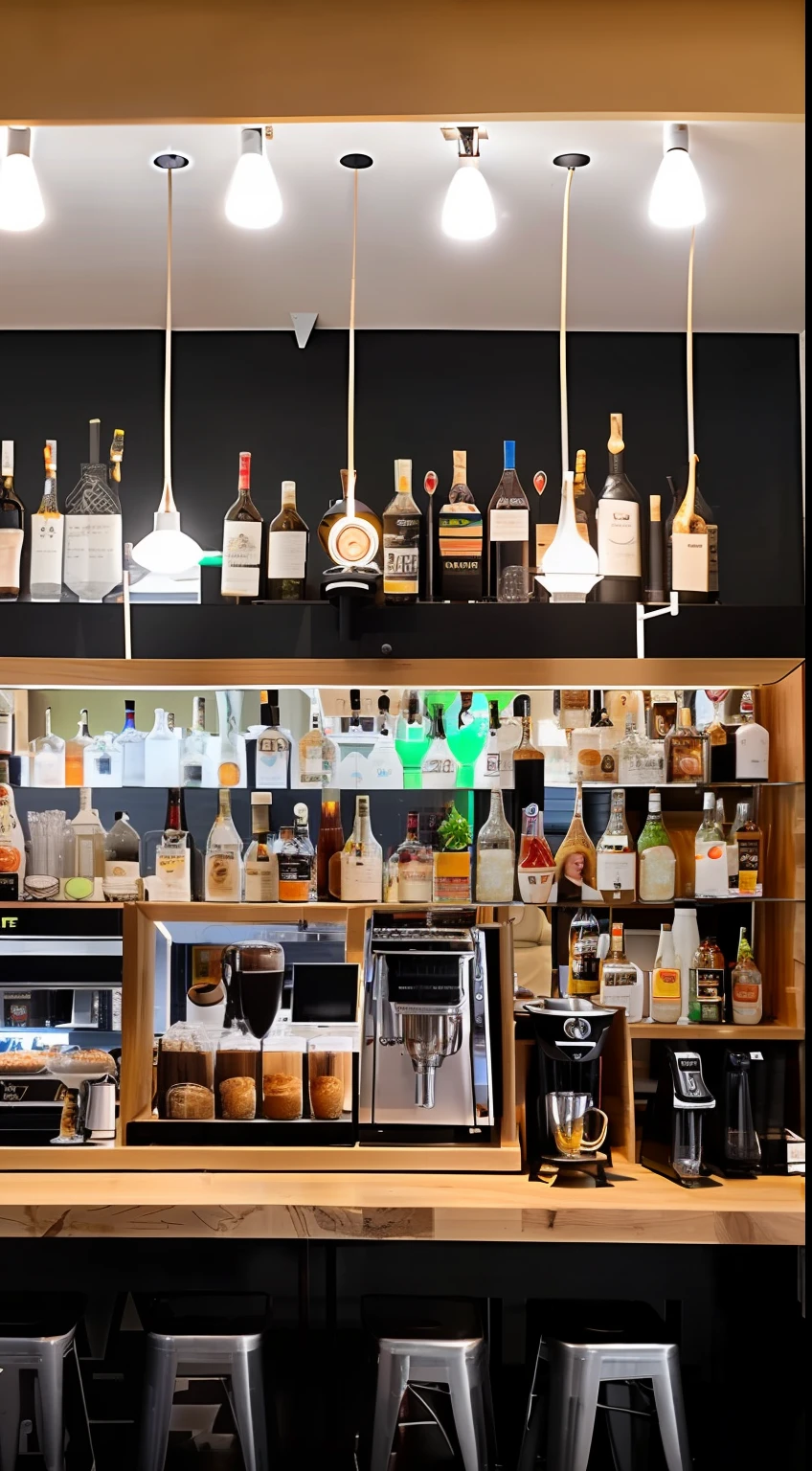 Cafe bar, lens heads-up, viewing angle vertical, direct view, coffee, minimalist, white wall.