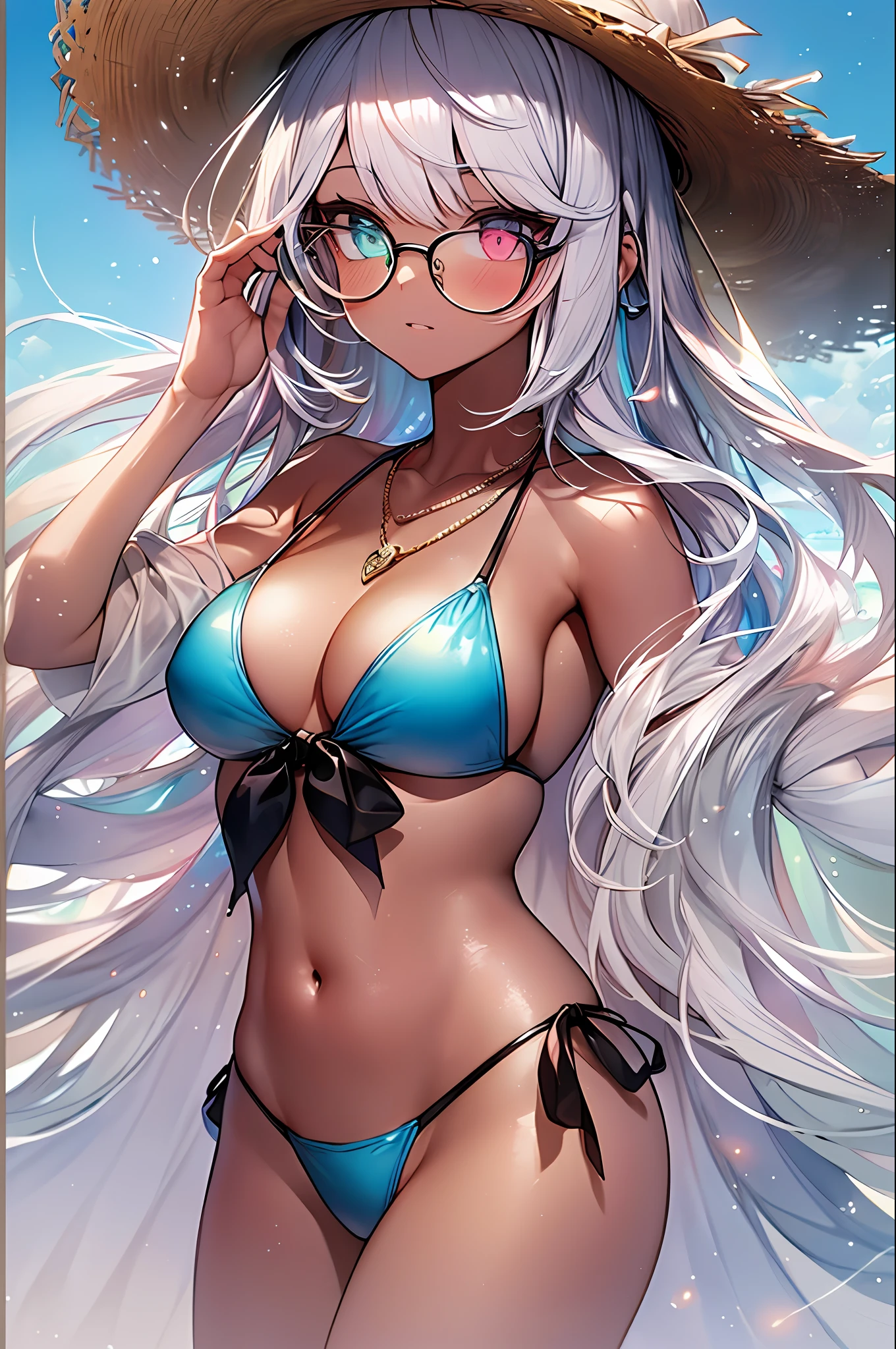 ((Masterpiece, Top Quality, Watercolor Art (Pendant), Official Art, Beautiful and Aesthetic: 1.2)), (Golden Ratio: 1.2), (Full Body: 1.2), (Super Detail: 1.3), (1 Girl: 1.3), (Fractal Art: 1.3), Full Body, (Glitter Pupil)), Pattern, (iridescent hair, colorful hair, half light blue and half pink hair: 1.2)), Colorful, (Glasses), writing, (heterochromia), (colorful: 1.5), ((swimsuit)), ((straw hat)), sea, sandy beach, sunny weather, (((shy face)), ((micro bikini)), (standing), (hyper detail), ((delicate detail)), (complex detail), ((cinematic light, highest quality backlight)), high contrast, ((best lighting, very delicate and beautiful)), (( Cinematic Light)), (Ray-Traced Reflection, Shine), (((Shining Aura)), (Shining Hair)), ((Super Detail)), ((8K)), ((Close-up)), (((Brown Skin))