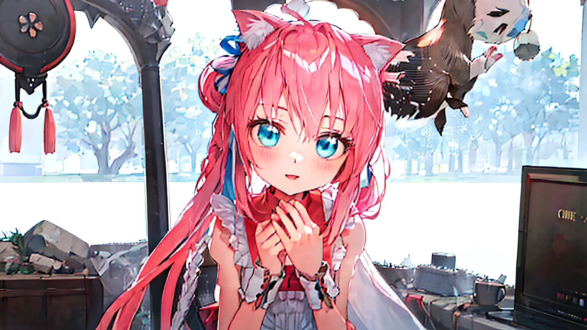 anime girl with pink hair and blue eyes standing in front of a tree, pink twintail hair and cyan eyes, very beautiful anime cat girl, cute anime catgirl, soft anime illustration, made with anime painter studio, anime stylized, beautiful anime catgirl, anime catgirl, anime girl with cat ears, anime style. 8k, stylized anime --auto