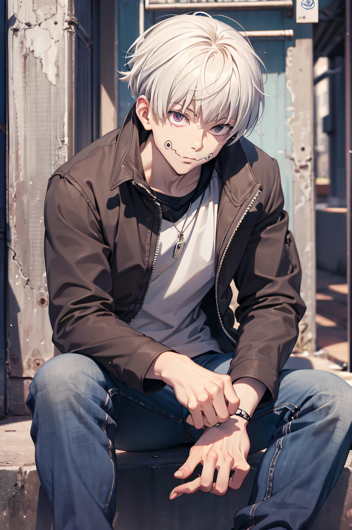 (absurdres, highres, ultra detailed, HDR), masterpiece, best quality, 1man, solo, handsome, short hair, inumaki toge, facial tattoo, white hair, black jacket, jeans, closed mouth, swirl, vortex