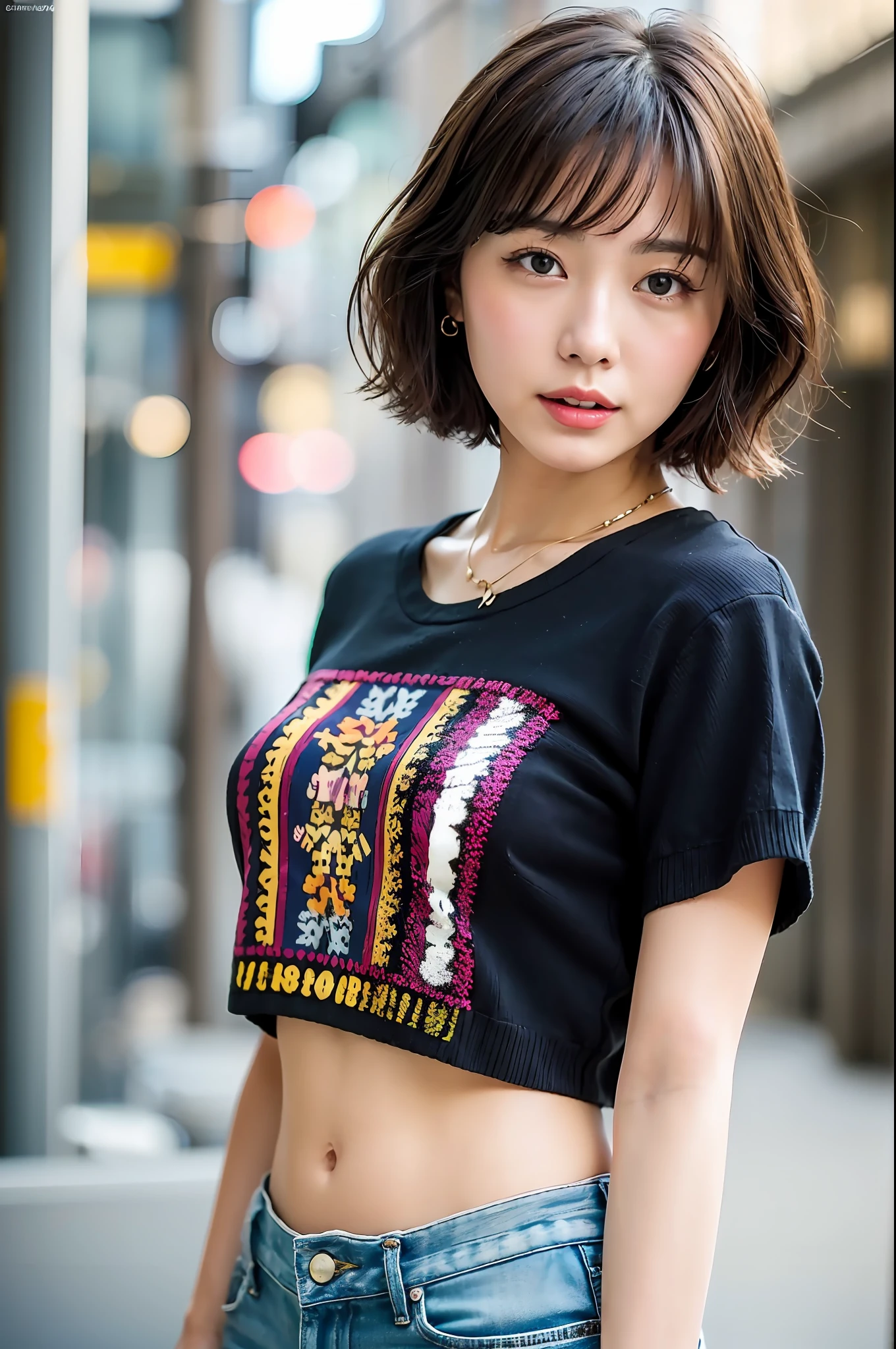 (Best Quality, 8k, 32k, Masterpiece, UHD: 1.2), Cute Japan Woman Picture, Big Breasts, T-shirt, Thin String Bag Over Her Shoulder, Very Short Bob Hair, Upper Body, Face Focus, (oversized_sweater, :1.1) Necklace, Simple Background, Look at the viewer, lean forward,