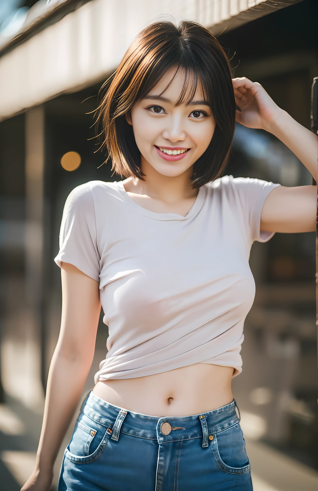 realistic, solo, beautiful Japan woman, rough shirt, denim pants, natural figure, white skin, sweet smile, rough hairstyle not set, soft sunlight in the morning, morning park, (((sexual seduction)), ((((irrepressible libido)))), professional photographer, shallow depth of field, lens flare,