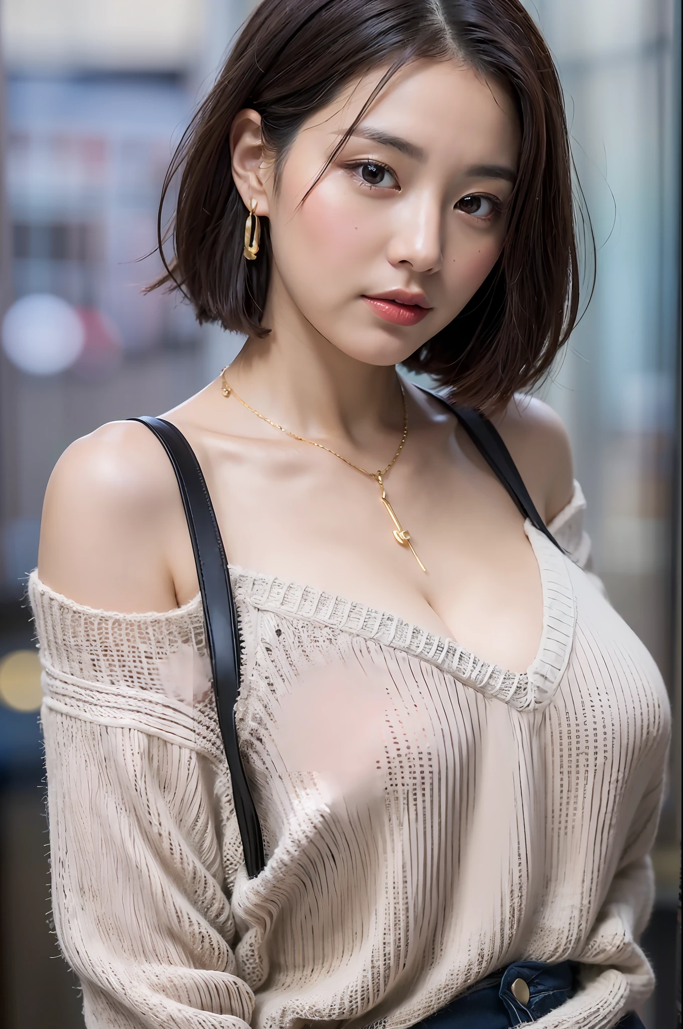 (Best Quality, 8k, 32k, Masterpiece, UHD: 1.2), Cute Japan Woman Picture, Big Breasts, T-shirt, Thin String Bag Over Her Shoulder, Very Short Bob Hair, Upper Body, Face Focus, (oversized_sweater, :1.1) Necklace, Simple Background, Look at the viewer, lean forward,