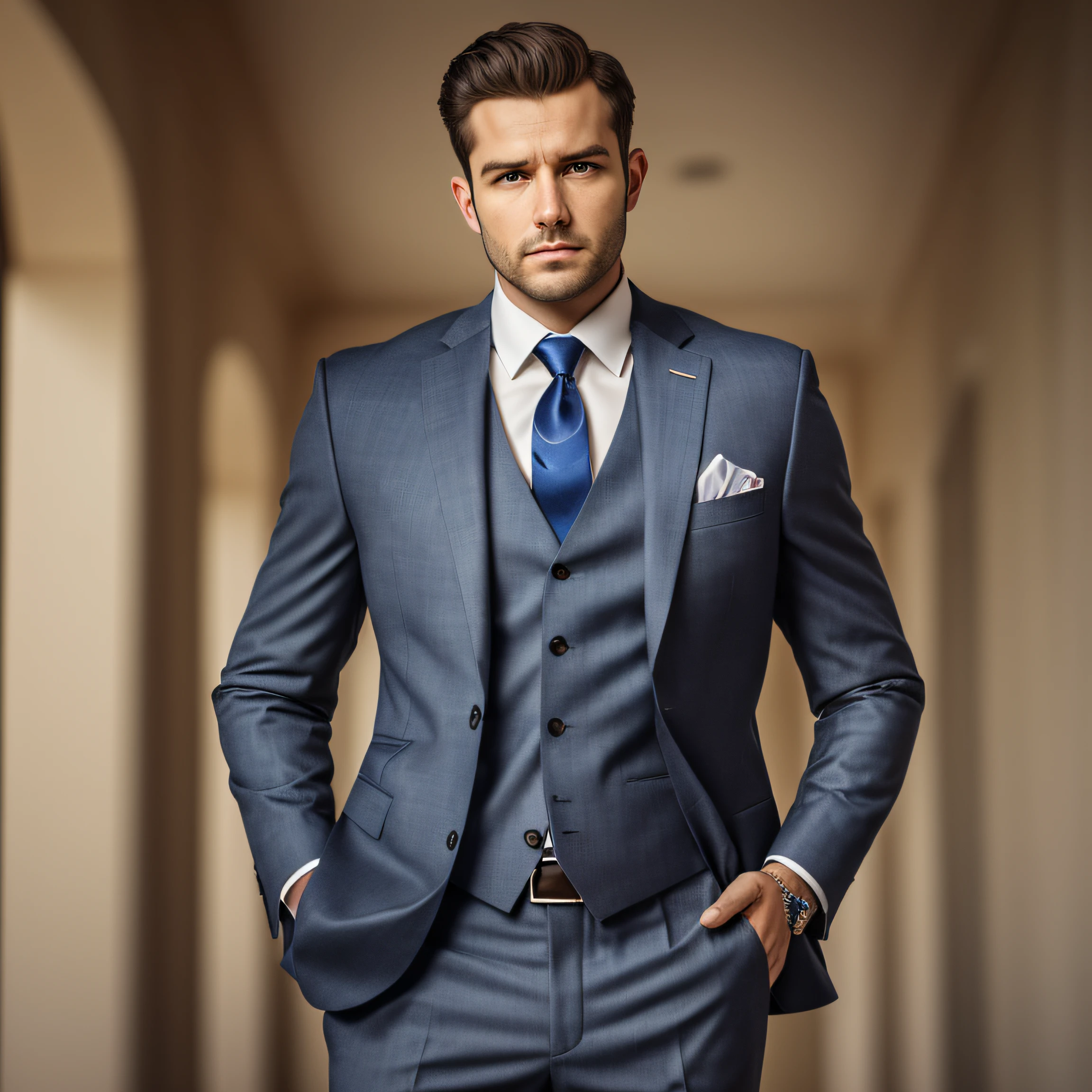 a Man standing with 30 years in suit and tie, body and head straight in the photo, DSRL, facing the viewer of the photo, eyes fixed to the lens, appears shoulders and head in the photo, man centered in the photo, 8k, best quality, masterpiece, realistic, realistic photo, movie photo, ultra realistic, 1 person, detailed, Perfect lighting, DSRL, professional photo, 4k