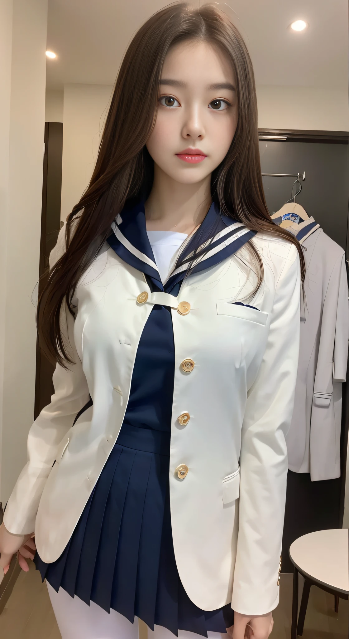 ((Night view, realistic light, best quality, 8k, masterpiece: 1.3)), 1 girl, slender beautiful woman: 1.4, (brown hair, huge breasts: 1.45), bed, super detailed face, detailed eyes, double eyelids, asian woman posing for photo pink skirt and white shirt, japanese girl school uniform, loose collar sailor uniform, sakimichan, amazing student uniform, white Japanese costume, ulzzang, wearing Japanese school uniform, Stylish white tights suit, beautiful, charming, beautiful to the extreme, close-up of the face