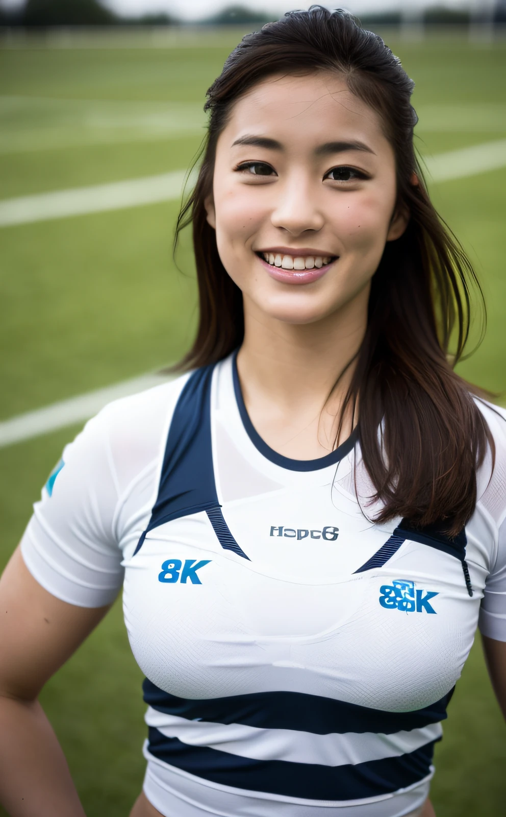 ((Top Quality, 8k, Masterpiece: 1.3)), Rugby Women, Sexy Lingerie, Muscles, Rugby Field, Hasselblad Camera, RAW Photography, (Real: 1.3), (Beautiful and Attractive: 1.4), Smile