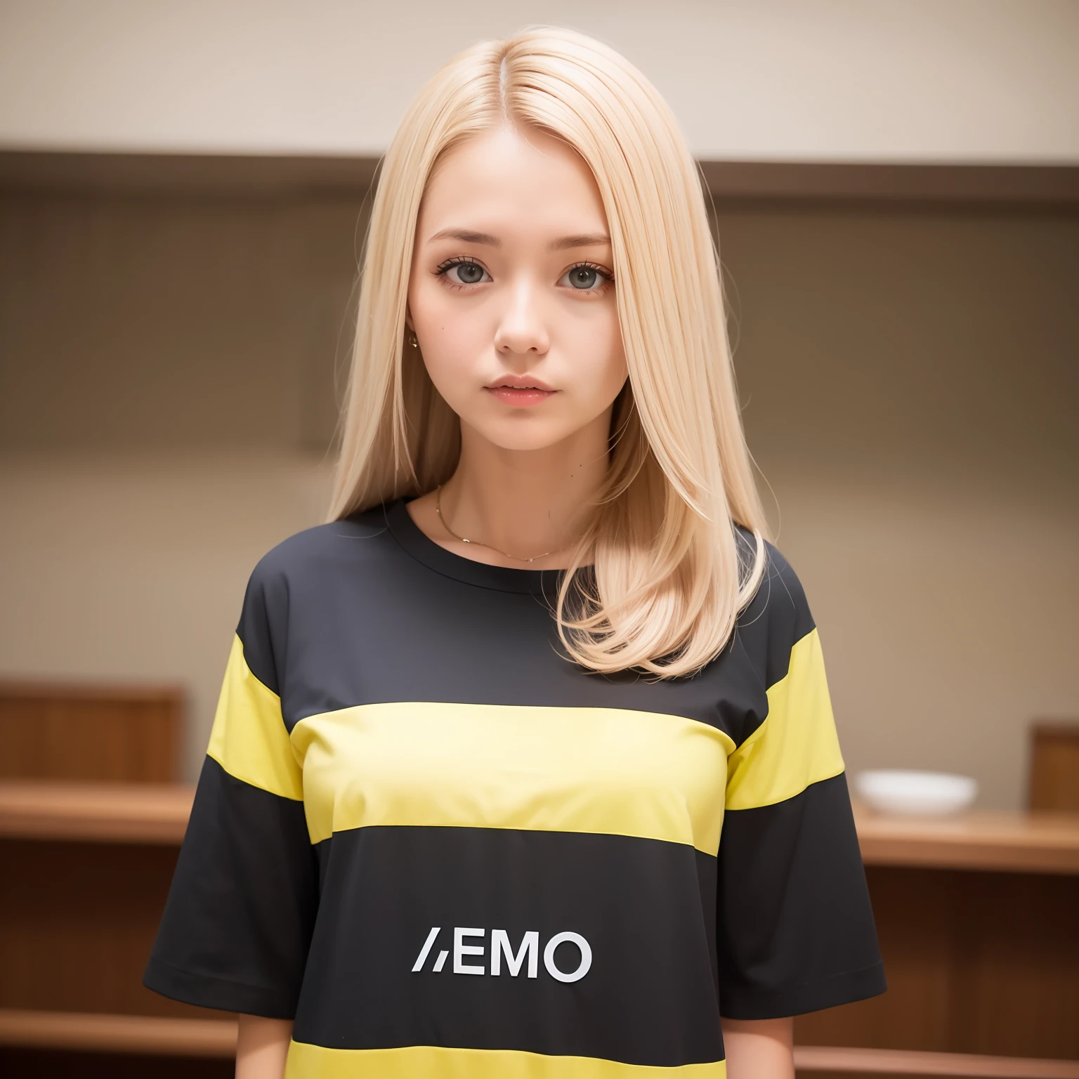 Moderator, introduction, product, female, blonde, big eyes, yellow short sleeves, front photo