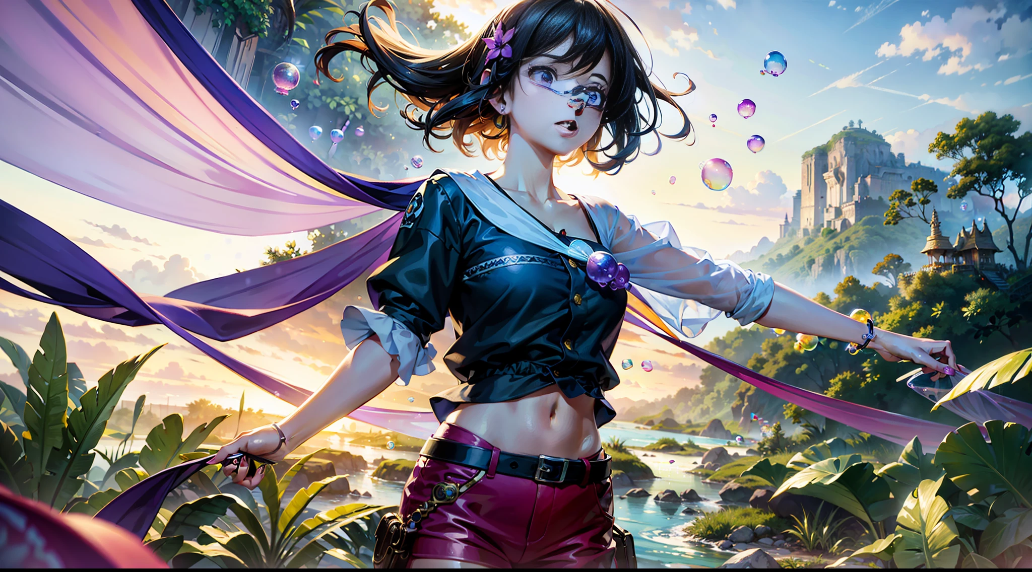 high quality, masterpiece, detailed cg art, one girl, mid shot, clear hands, violet eyes, landscape background, tropic jungles, flying colorful soap bubbles