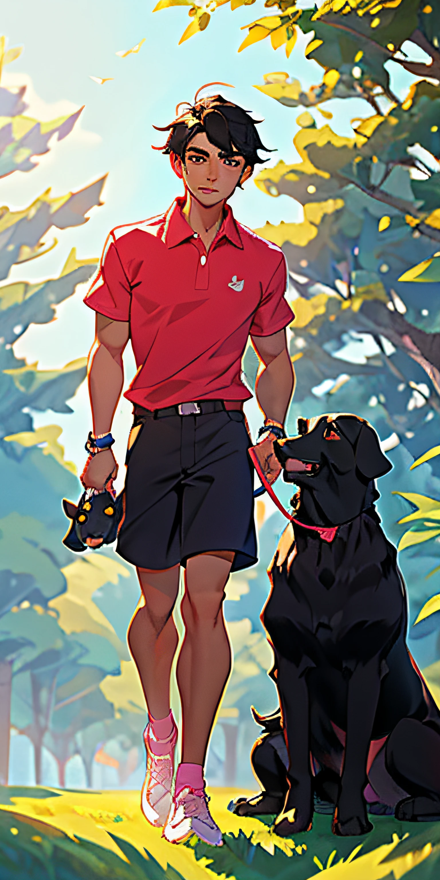 (masterpiece, best quality), 1boy, rings, straight long hair on shoulder, whole body, light pink polo-shirt, brown shorts, black hair, sunlight, leaning a tree, holding black leash of a black labrado dog.