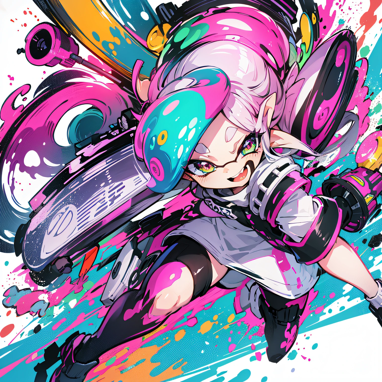 best quality, colorful, vibrant splatoon character on a pure white background, high resolution details, dynamic and lively pose, sparkling eyes, fun and energetic. --auto