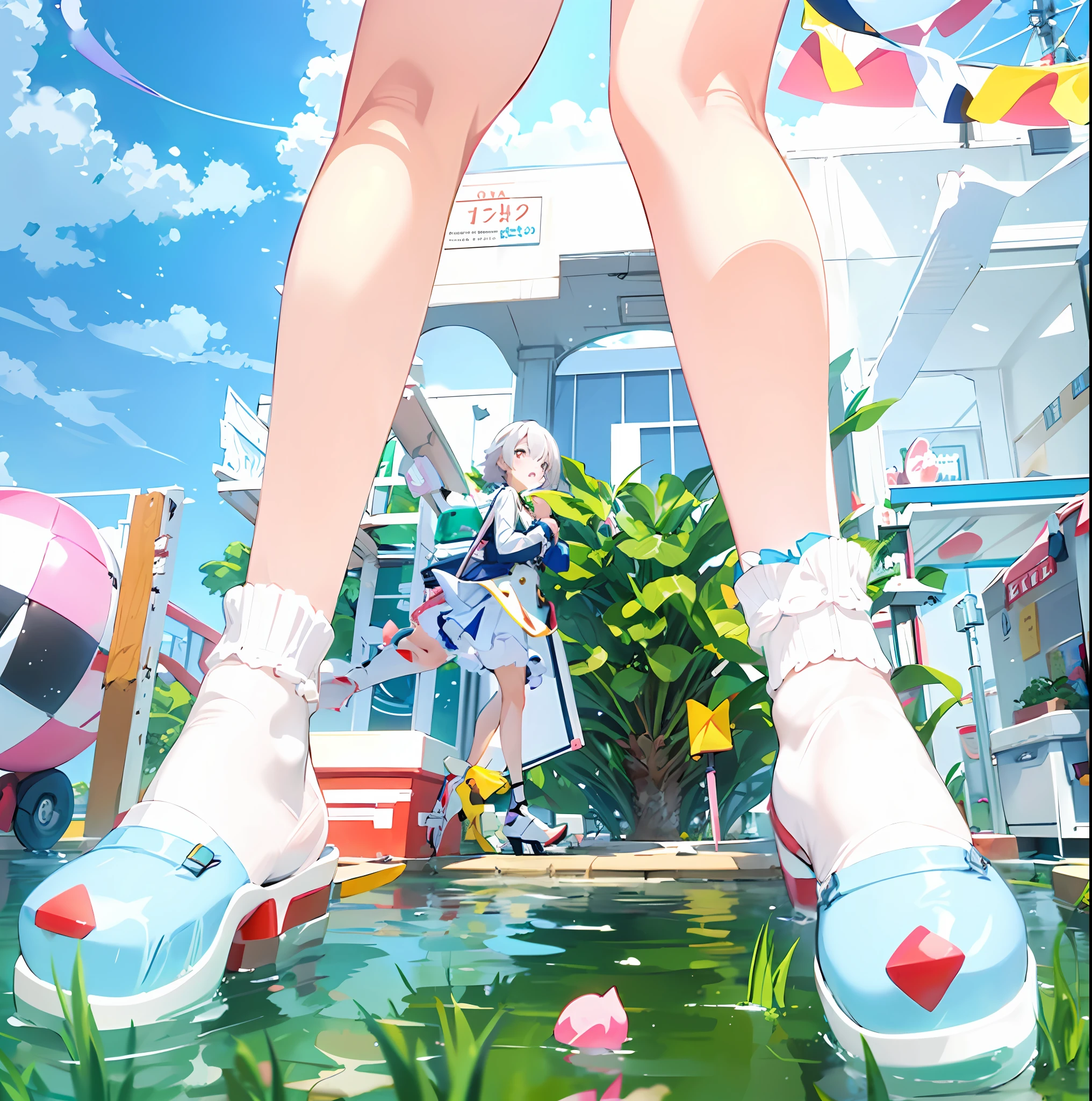 anime girl standing on a platform with her feet in the air, anime girl walking on water, anime aesthetic, smooth anime cg art, azur lane style, from the azur lane videogame, high heels. anime style at pixiv, anime background, makoto shinkai style, anime background art, in style of makoto shinkai, anime styled digital art