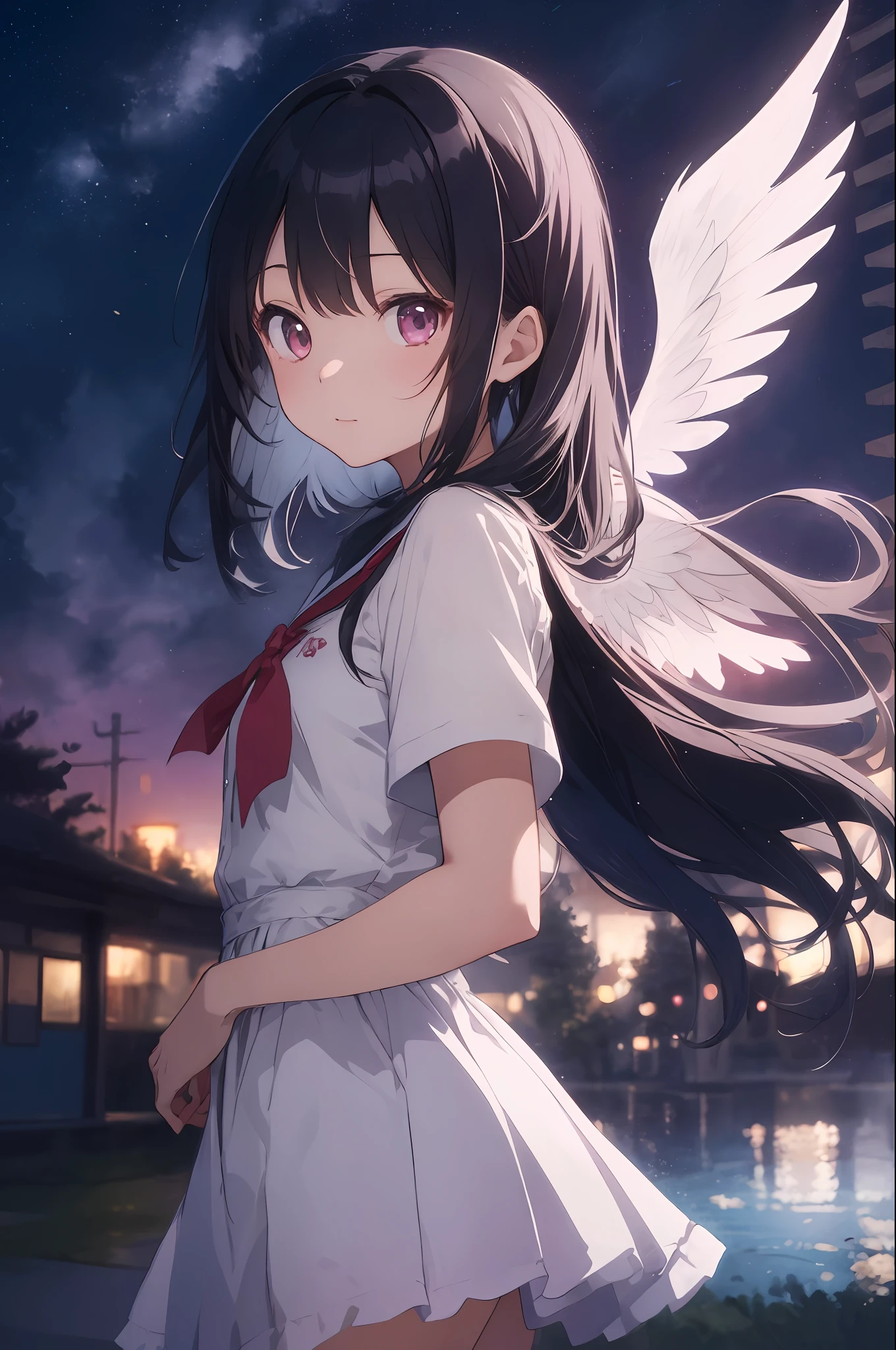 1girl、sora、Land of Angels、colorful strands of hair、cuddly 、the anime、Sheer white skin、Asian Girl、junior high school student、14 years old、Shines、Quiet child、High Contrast、Tempting、sensual、angelic、Glowing on the back2Angel Wings、silver pink gradient hair