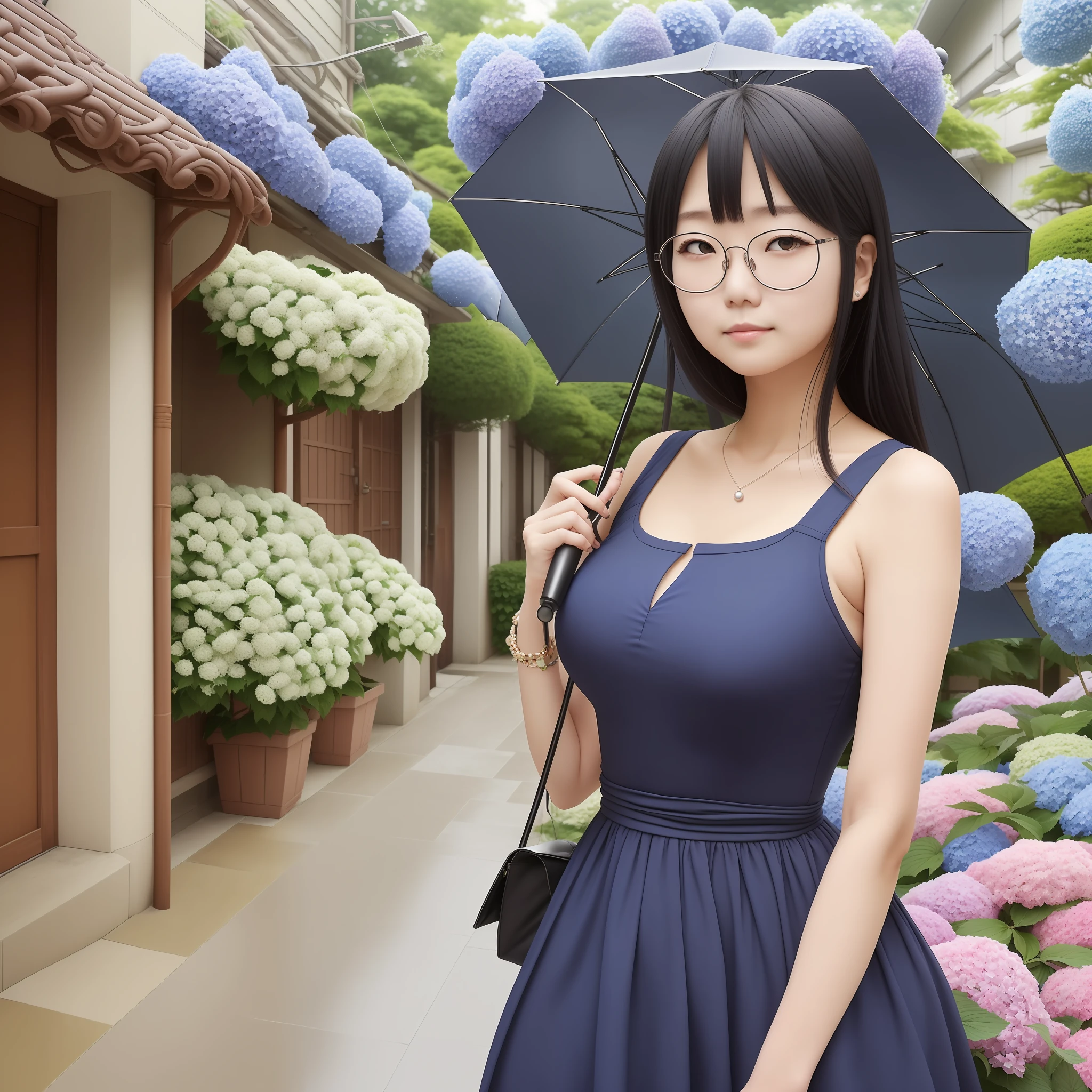 Japan person, glasses, 1 8 , female college student, sleeveless dress ((dark blue), (knee-length tight dress)), 1 sandal (Akiko Takase, Kazue Kato, , Aya Takano, Etsuko Miura, Chinko, Tsugumi Oba, Chiho, Rinko Kawaichi, Takeyuki Kanda), Height 158 cm, weight 53 kg, bust 83 cm (D cup), waist 61 cm, hips 86 cm, The character is naïve, black to the shoulders, bangs, Sweaty skin, woman holding an umbrella, solo, whole body, rainy weather, surrounded by colorful hydrangeas in full bloom