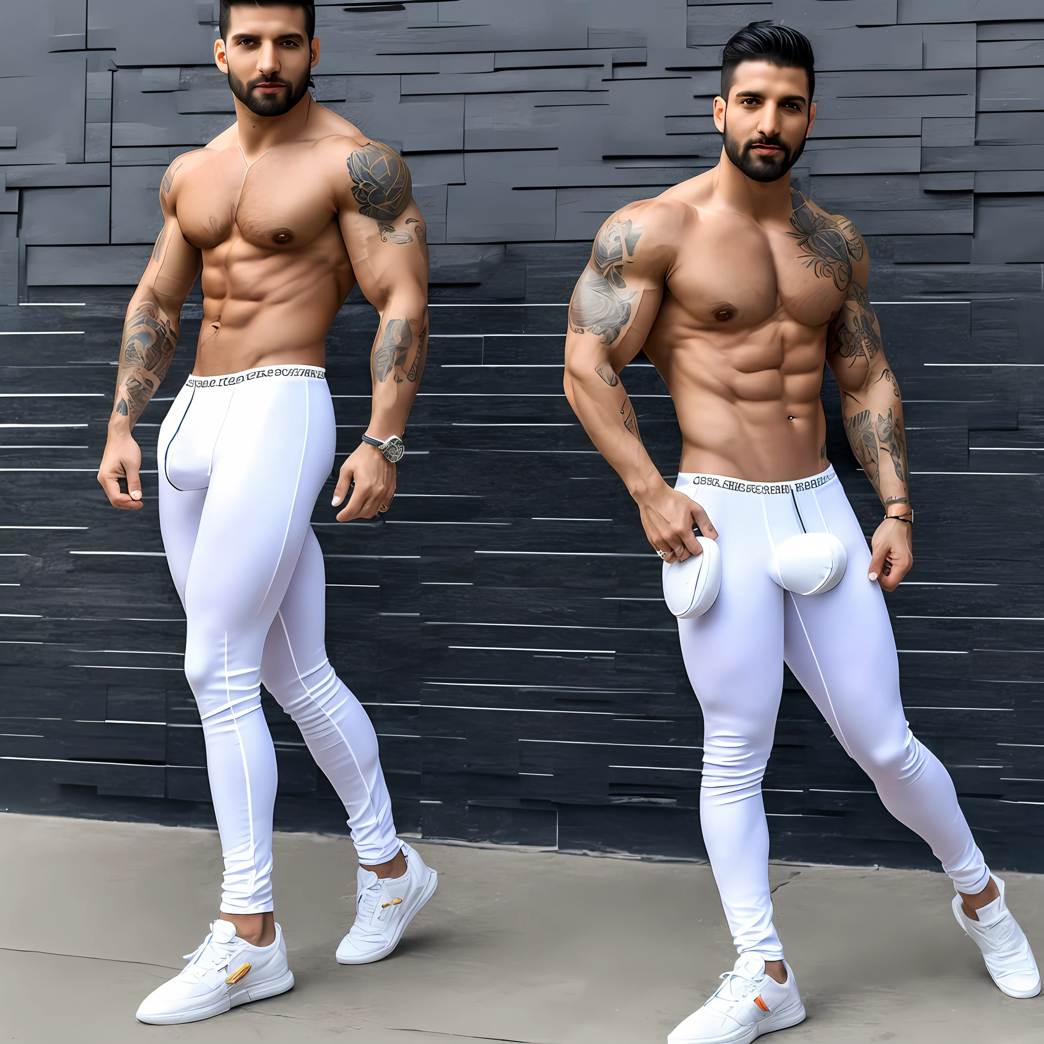 Full body view, Handsome, 25 years old, middle eastern, master work, best picture quality, higher quality, high detail, ultra-high resolution, 8k resolution, delicate facial features, boy, big muscles, tattoos, glowing eyes, toseled hair, hair details, legs apart, looking to the side, emphasize homosexuality and pay attention to every detail , Topless, white tight transparent pants, (((crotch bulge))), flowers --auto
