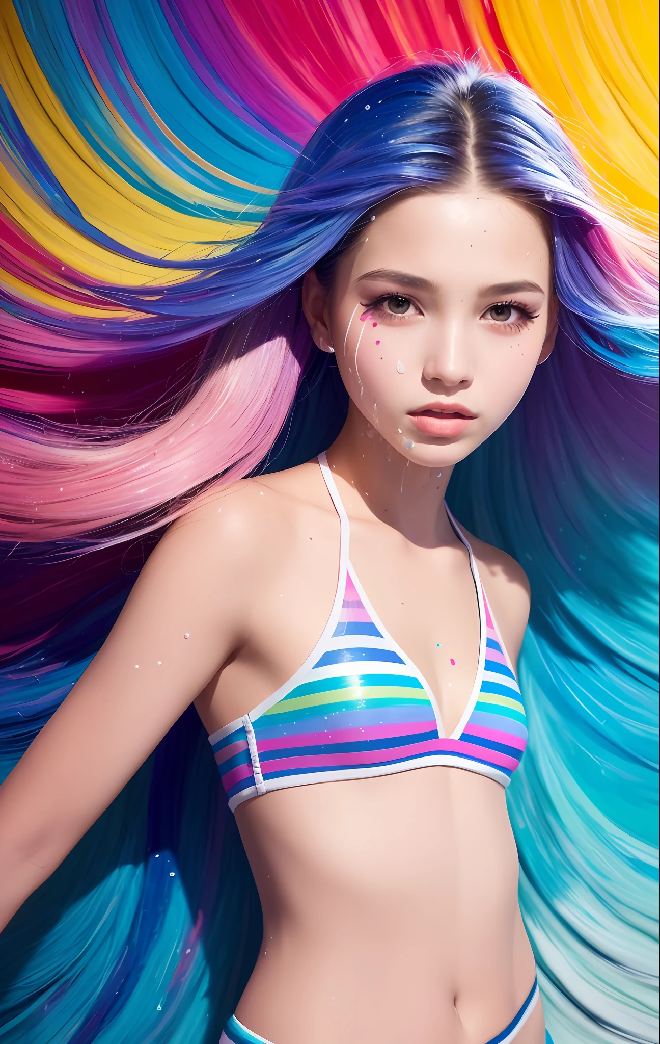 Full body portrait, standing, (colorful fashion ultra-small mini bikini: 1.9), (colorful hair: 1.8), (all colors of the rainbow: 1.8), (vertical: 1.6))), (painting, painting, portrait), cartoon, illustration, painting, large, crystal clear eyes, (rainbow gradient high ponytail: 1.7), exquisite makeup, mouth closed, (small fresh(1.5), (Big: 1.6), long eyelashes, looking at the audience, big watery eyes, (iridescent hair: 1.6), color splash, (solo, :1.8), color splash, color explosion, thick paint style, messy lines, ((sparkling)), (colorful), (colorful), colorful, colorful, chic paint style, (splash) (color splash), vertical painting ,, Paint splash, acrylic pigment, gradient, paint, best quality, best quality, masterpiece, , solo, , depth of field, face paint, colorful clothing, (elegantly: 1.2), gorgeous,long hair, wind, (elegantly: 1.3), (petals: 1.4), (Masterpiece,))))), (Best Quality))), (Ultra detailed))), (Illustration), (Dynamic Angle), ((Floating)), (Paint), (((disheveled hair)), (Solo,), (1 girl), (Detail anima face)))), (Beautiful Detail Face)), Collared, Bare shoulders, White hair, (((Colorful hair)), ((Striped hair)), Beautiful detailed eyes, (Gradient colored eyes), (Colorful eyes)))), ((High Saturation))))) , (((surrounded by colorful splashes))),