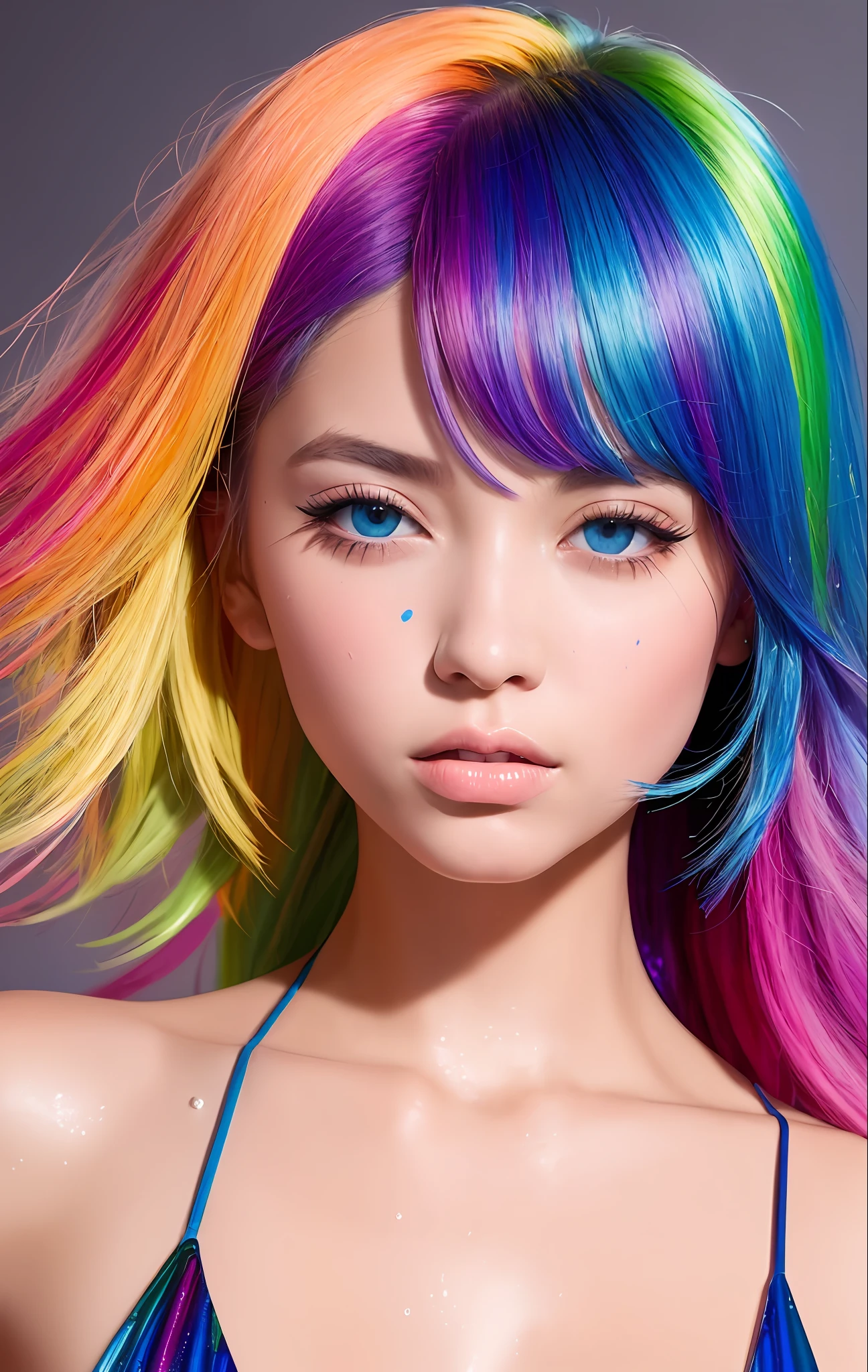 Full body portrait, standing, (colorful fashion ultra-small mini bikini: 1.9), (colorful hair: 1.8), (all colors of the rainbow: 1.8), (vertical: 1.6))), (painting, painting, portrait), cartoon, illustration, painting, large, crystal clear eyes, (rainbow gradient high ponytail: 1.7), exquisite makeup, mouth closed, (small fresh(1.5), (Big: 1.6), long eyelashes, looking at the audience, big watery eyes, (iridescent hair: 1.6), color splash, (solo, :1.8), color splash, color explosion, thick paint style, messy lines, ((sparkling)), (colorful), (colorful), colorful, colorful, chic paint style, (splash) (color splash), vertical painting ,, Paint splash, acrylic pigment, gradient, paint, best quality, best quality, masterpiece, , solo, , depth of field, face paint, colorful clothing, (elegantly: 1.2), gorgeous,long hair, wind, (elegantly: 1.3), (petals: 1.4), (Masterpiece,))))), (Best Quality))), (Ultra detailed))), (Illustration), (Dynamic Angle), ((Floating)), (Paint), (((disheveled hair)), (Solo,), (1 girl), (Detail anima face)))), (Beautiful Detail Face)), Collared, Bare shoulders, White hair, (((Colorful hair)), ((Striped hair)), Beautiful detailed eyes, (Gradient colored eyes), (Colorful eyes)))), ((High Saturation))))) , (((surrounded by colorful splashes))),