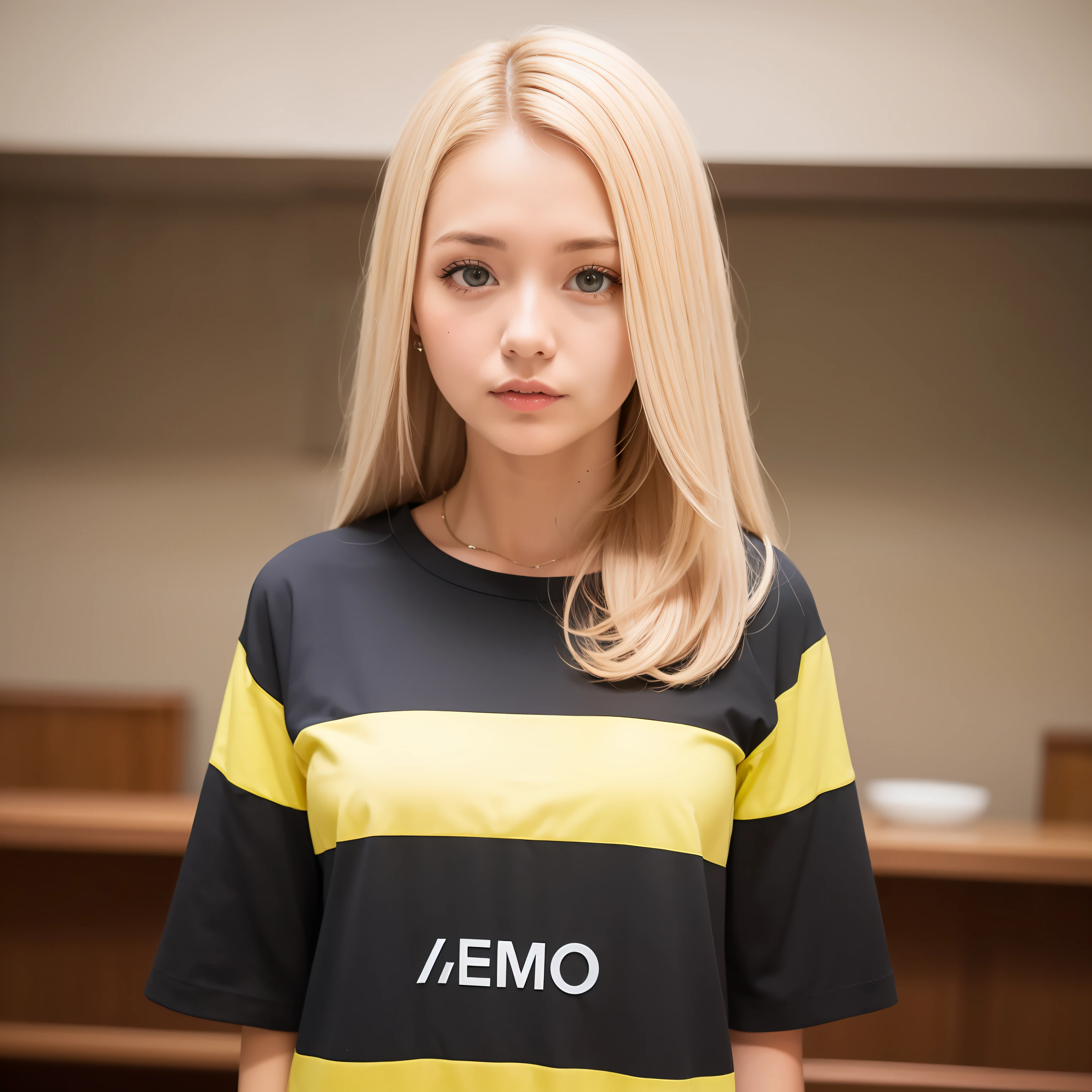 Moderator, introduction, product, female, blonde, big eyes, yellow short sleeves, front photo