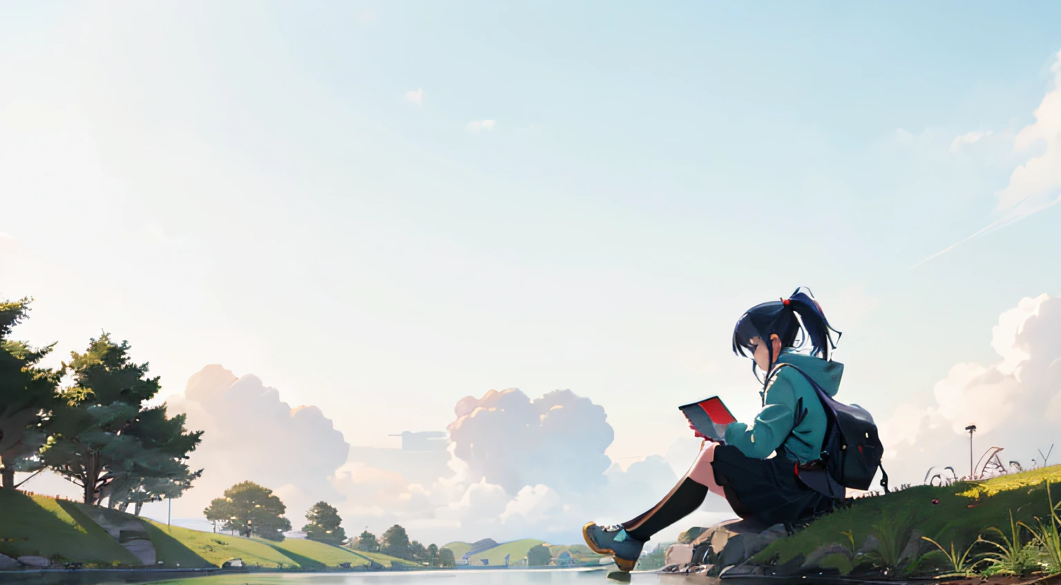 anime girl sitting on the ground looking at her phone, anime style 4 k, anime art wallpaper 8 k, anime art wallpaper 4k, anime art wallpaper 4 k, anime wallpaper 4 k, anime wallpaper 4k, 4k anime wallpaper, digital anime illustration, 4 k manga wallpaper, sitting at a pond, digital anime art, anime style. 8k