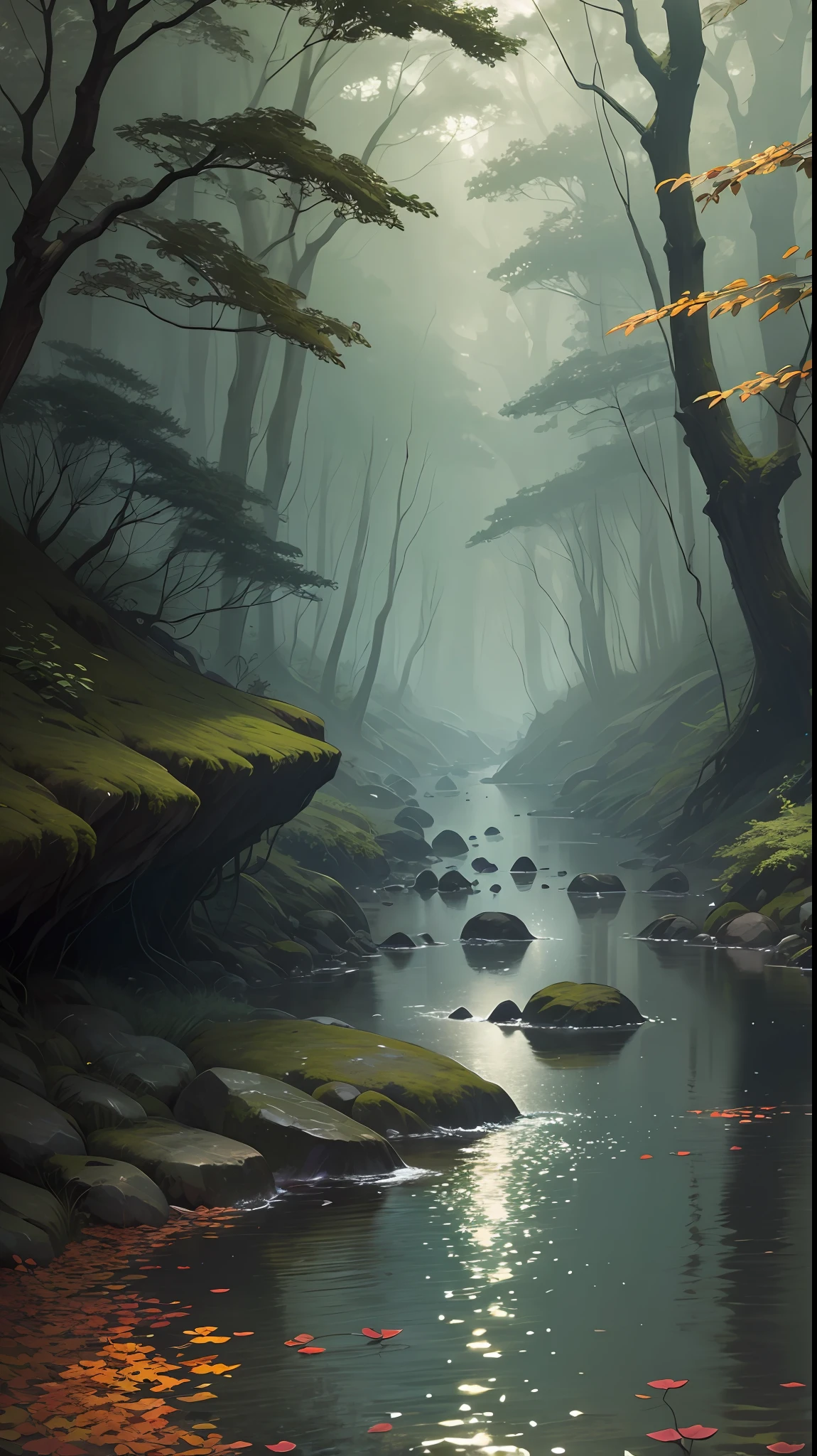 Night scene, unicorn drinking water by the river in the forest, unicorn close-up, white all over, face sideways, national tide works, magnificent atmosphere, ancient Chinese architectural complex, photo realism, film lighting, volume lighting, split lighting shooting in a dark atmosphere
