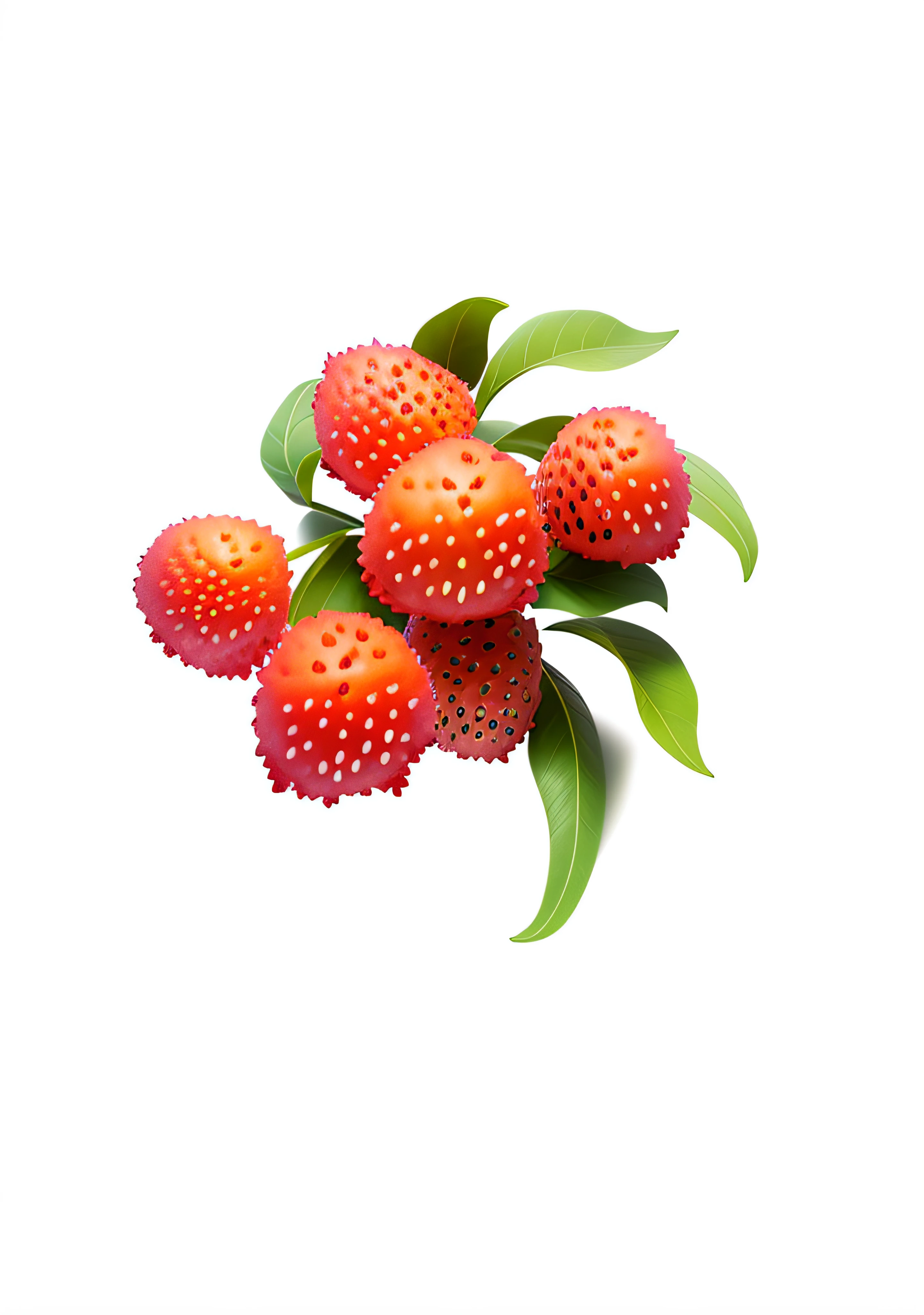 (Masterpiece: 1.3), (Best Quality: 1.3), (Masterpiece: 1.3), (Best Quality: 1.3), (8k wallpaper), (Ultra High Resolution), (Natural Texture), (Beautiful and Beautiful), (Very Detailed CG, Intricate Details), White Background, (White Background: 1.5), 6 Red Lychees, 9 Leaves, Smooth Edges, Dangling