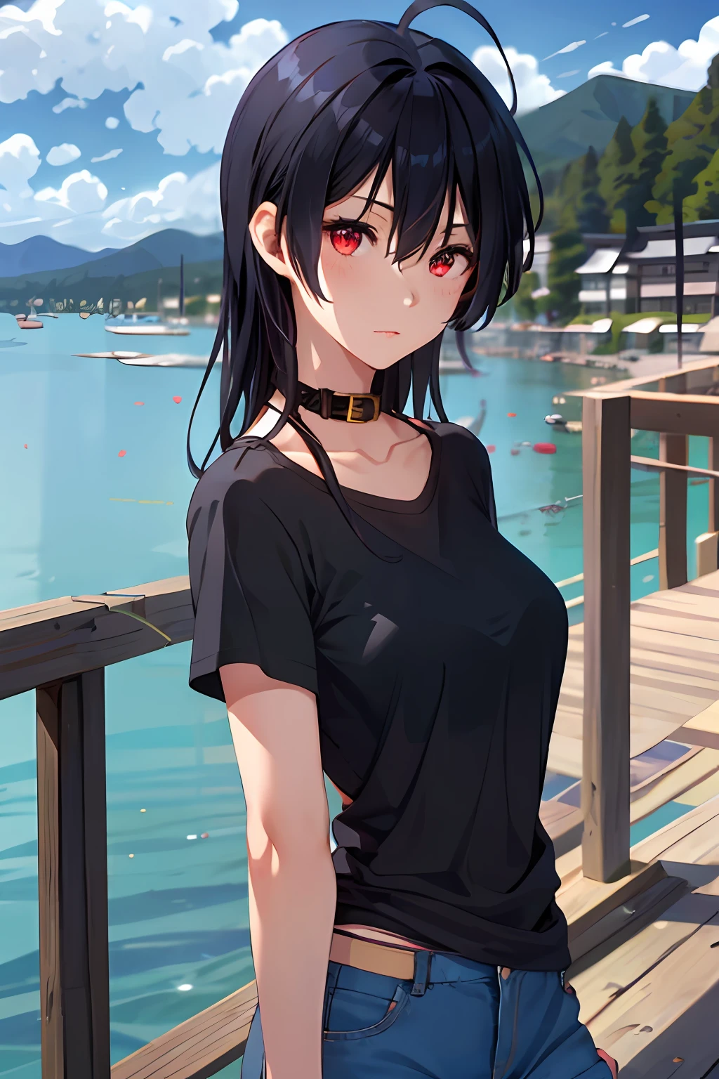 takanashi toka, highres, highest quallity, illustration,  ultra detailed, (detailed face), (detailed eyes), soft lighting, best quality, hyper detailed, masterpiece, 1girl, solo, long hair, black hair, red eyes, cowlick, collar, black t-shirt, denim, jeans, luminous eyes, medium breasts, (colorful), upper body, Waterview, lake, bridge, village in distance, japan, clouds, sky