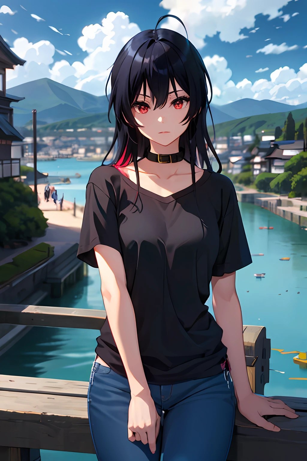 takanashi toka, highres, highest quallity, illustration,  ultra detailed, (detailed face), (detailed eyes), soft lighting, best quality, hyper detailed, masterpiece, 1girl, solo, long hair, black hair, red eyes, cowlick, collar, black t-shirt, denim, jeans, luminous eyes, medium breasts, (colorful), upper body, Waterview, lake, bridge, village in distance, japan, clouds, sky