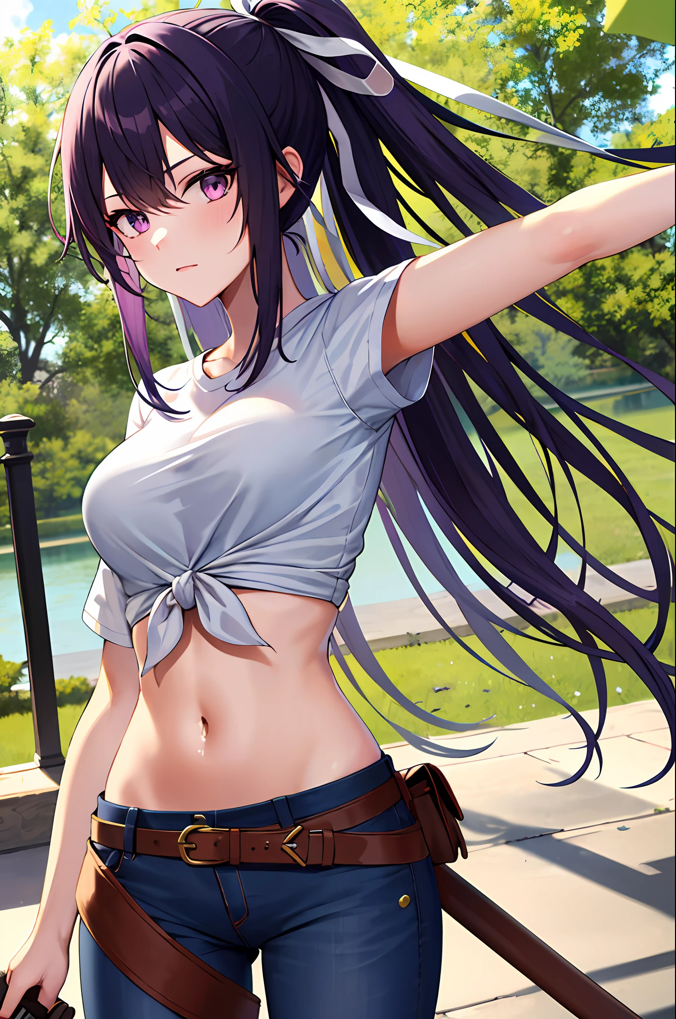 masterpiece, best quality, highres, 1girl, solo, sheathed, asymmetrical clothes, navel, purple eyes, very long hair, tied shirt, midriff, hair ribbon, single pantsleg, white shirt, ponytail, black hair, large breasts, jeans, white ribbon, brown belt, purple hair, asymmetrical legwear, outdoors, cowboy shot, sword, weapon,