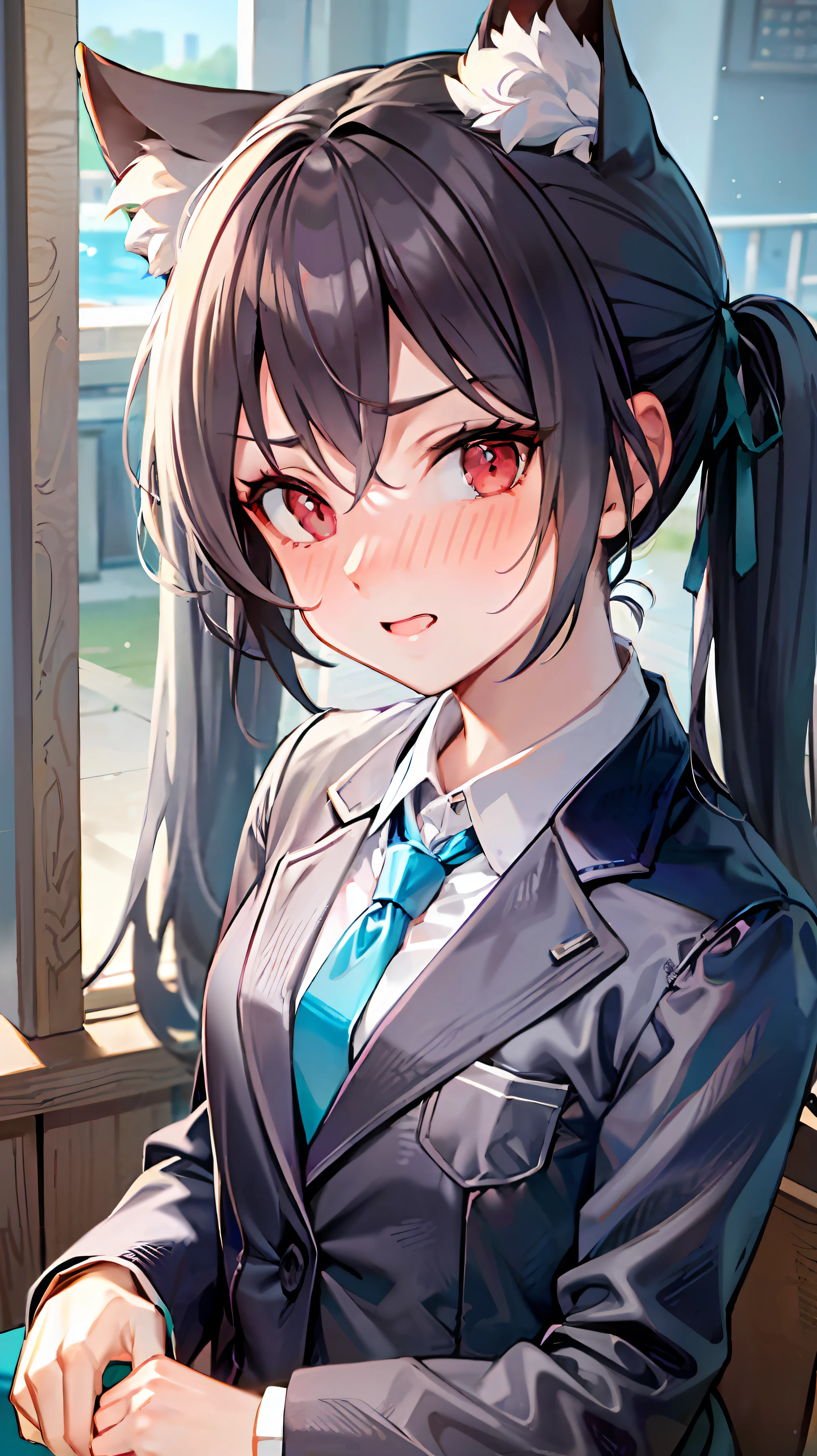 solo, 1girl, upper body, embarrassed, looking at viewer, nose blush, baserika, twintails, long hair, red eyes, hair ribbon, blazer, collared shirt, blue necktie